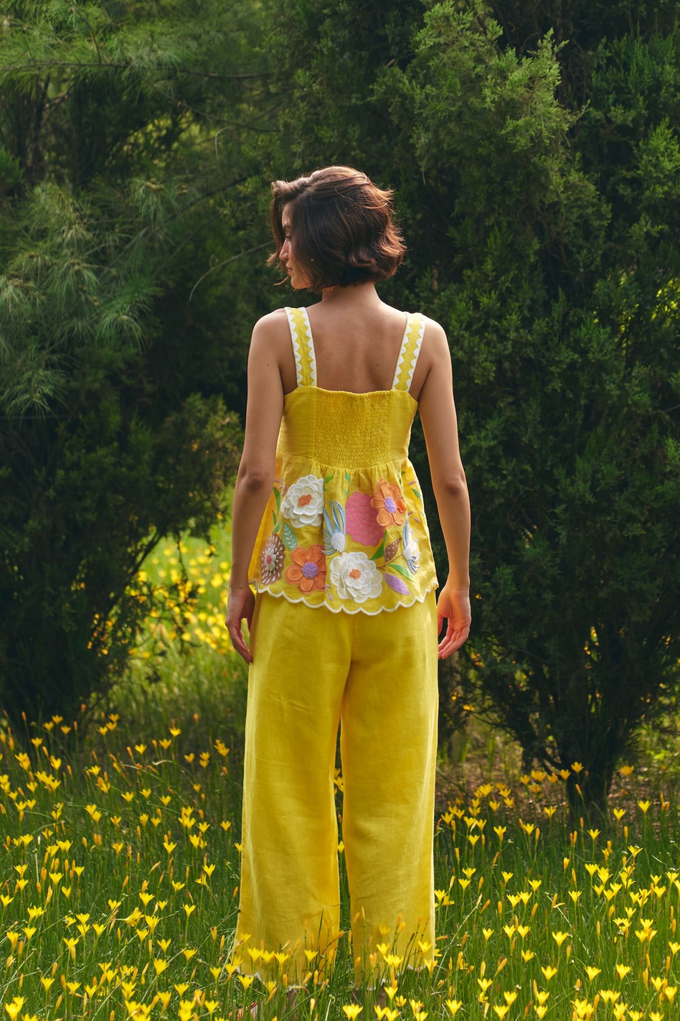 FLORENTINA YELLOW PURE LINEN TOP WITH MULTI COLOR FLOWER EMBROIDERY AND PANTS SUMMER CO-ORDINATE