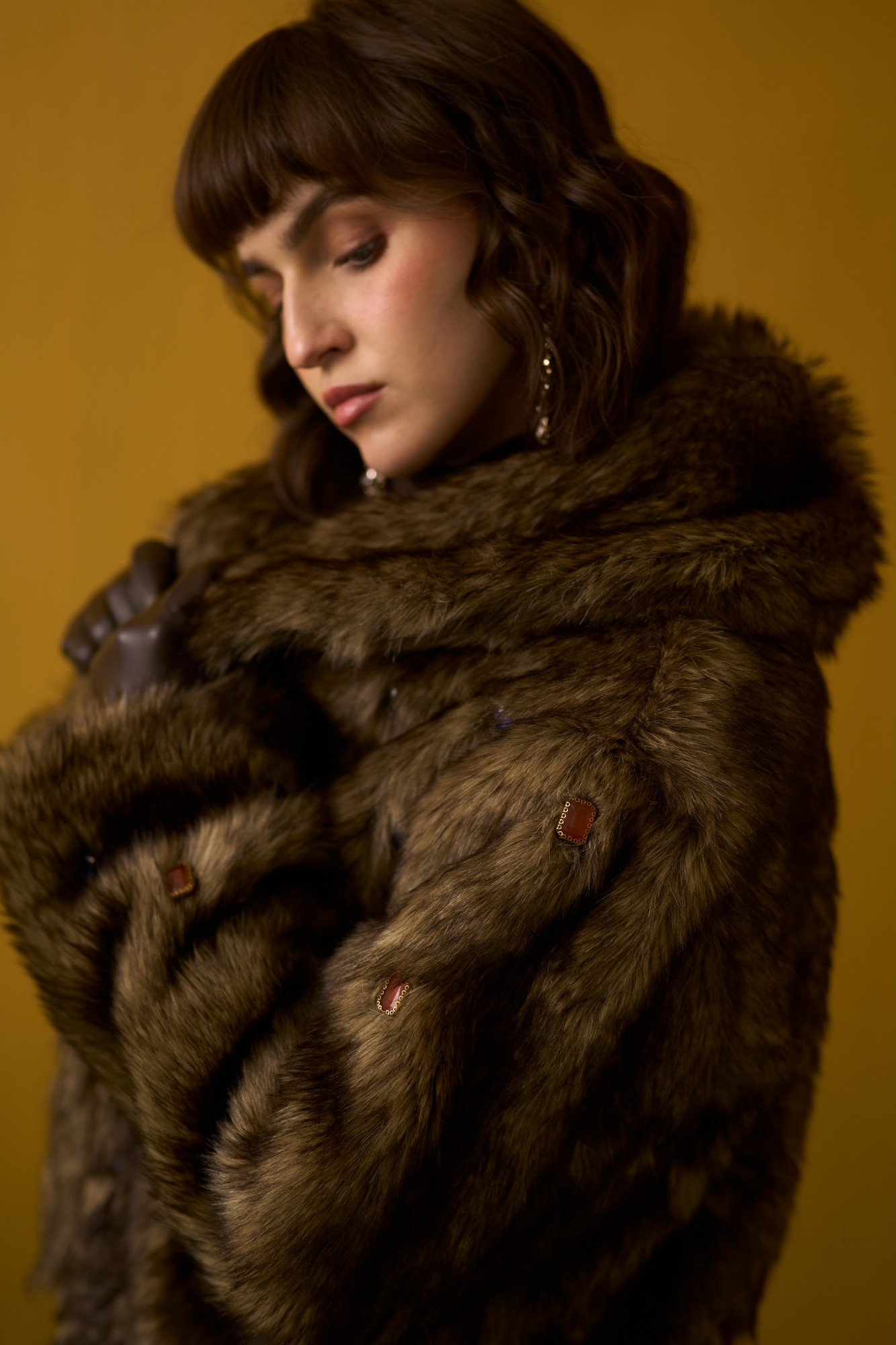 NOMADS BROWN FAUX FUR JACKET WITH RHYTHMIC GEMSTONES EMBELLISHMENTS