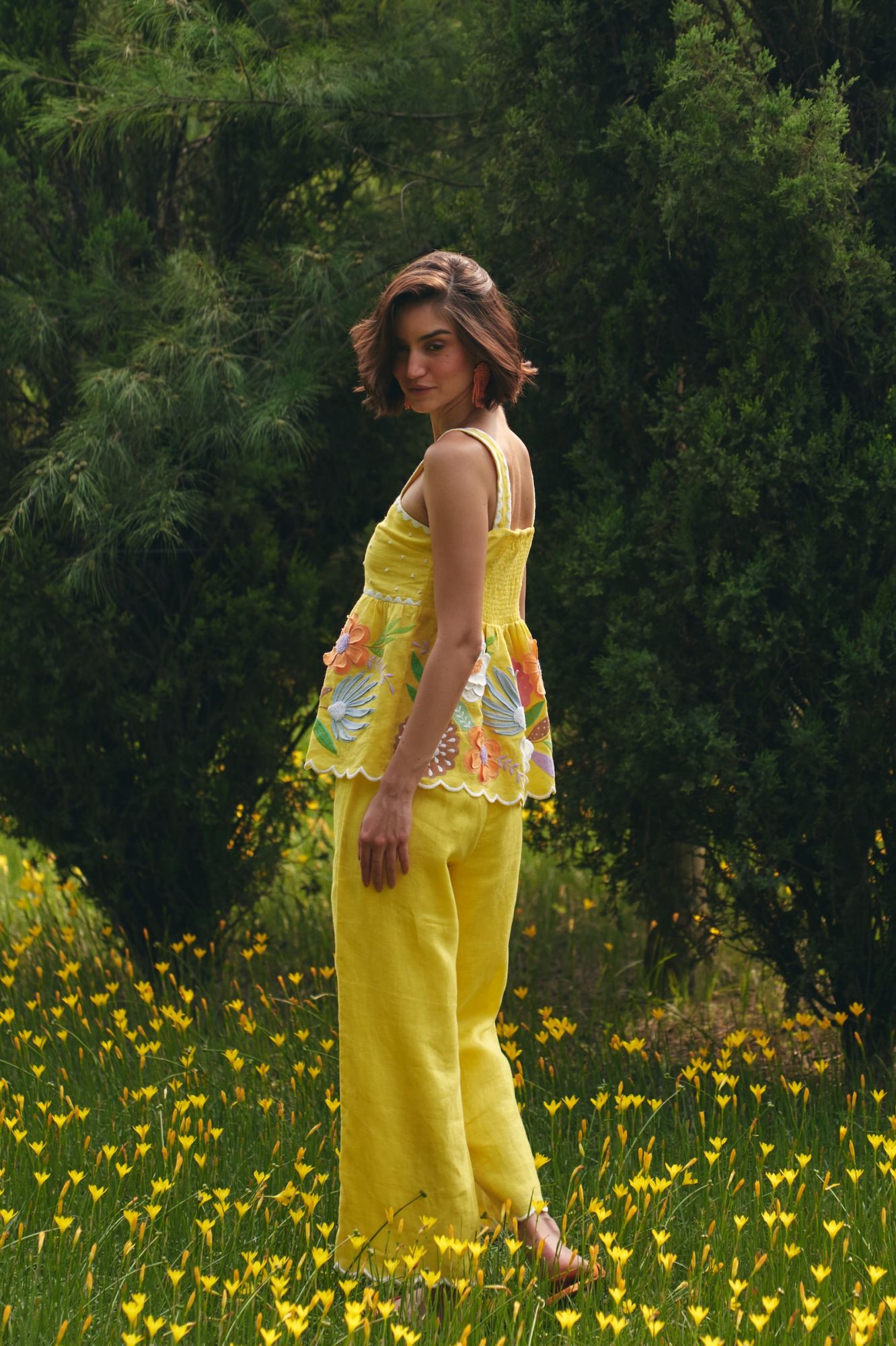 FLORENTINA YELLOW PURE LINEN TOP WITH MULTI COLOR FLOWER EMBROIDERY AND PANTS SUMMER CO-ORDINATE
