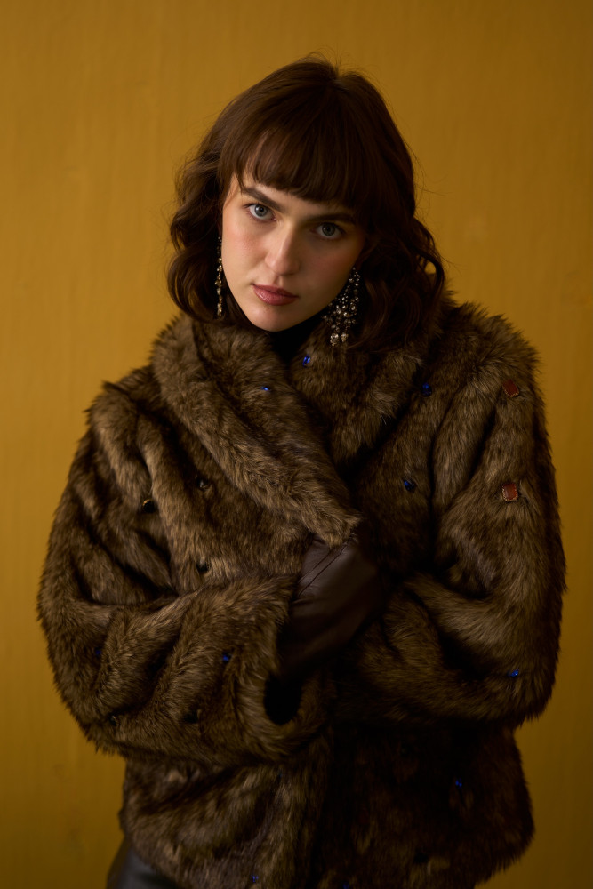 Image of NOMADS BROWN FAUX FUR JACKET WITH RHYTHMIC GEMSTONES EMBELLISHMENTS