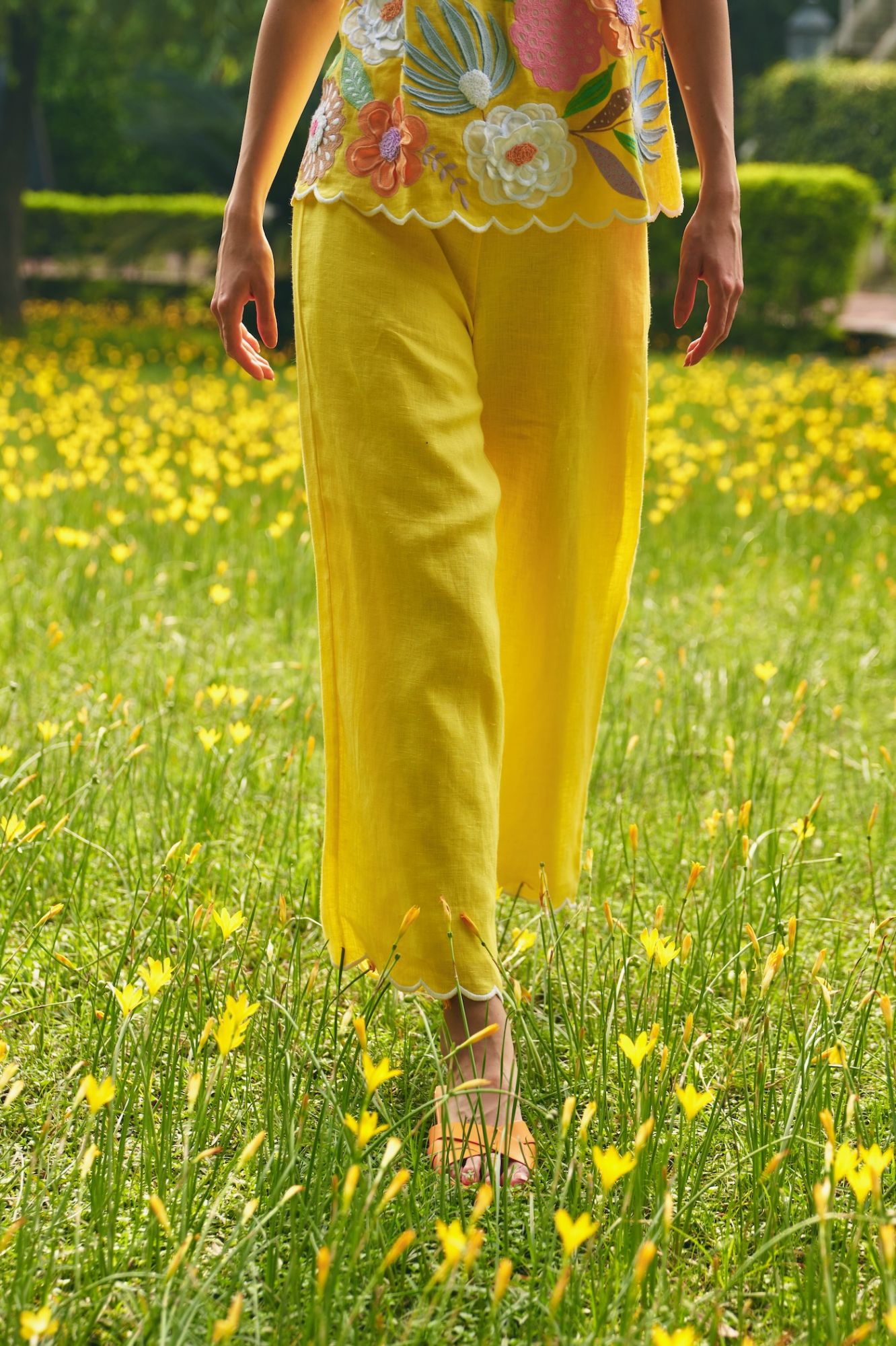 FLORENTINA YELLOW PURE LINEN TOP WITH MULTI COLOR FLOWER EMBROIDERY AND PANTS SUMMER CO-ORDINATE