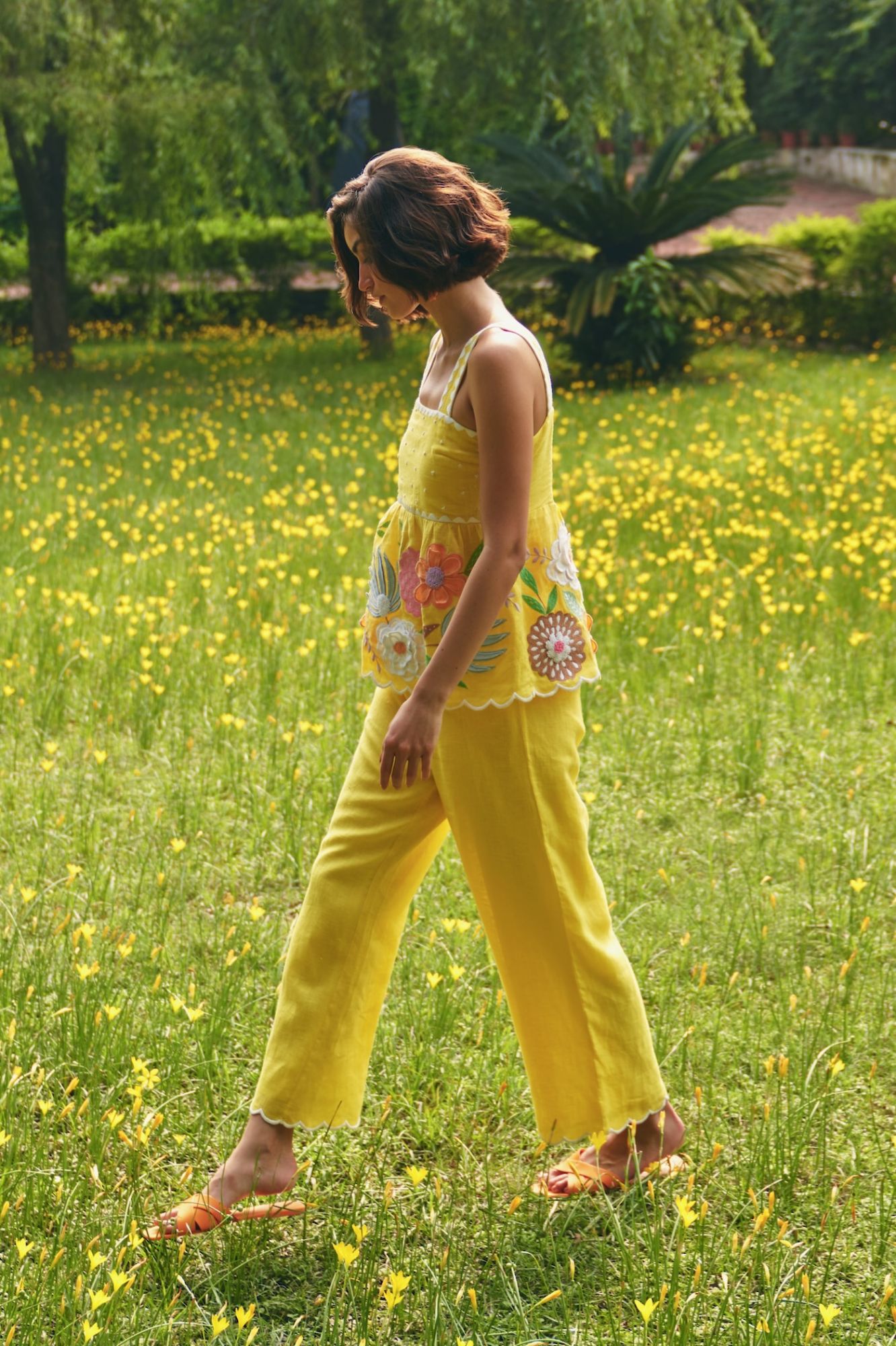 FLORENTINA YELLOW PURE LINEN TOP WITH MULTI COLOR FLOWER EMBROIDERY AND PANTS SUMMER CO-ORDINATE