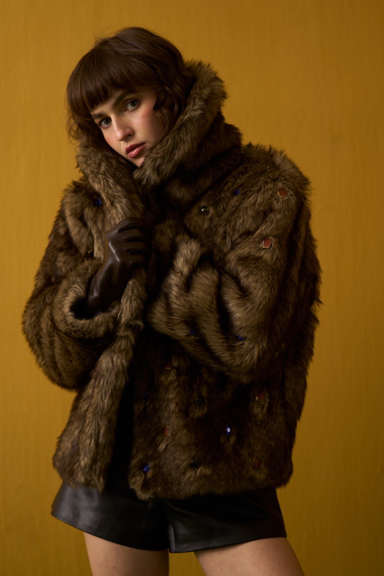 NOMADS BROWN FAUX FUR JACKET WITH RHYTHMIC GEMSTONES EMBELLISHMENTS