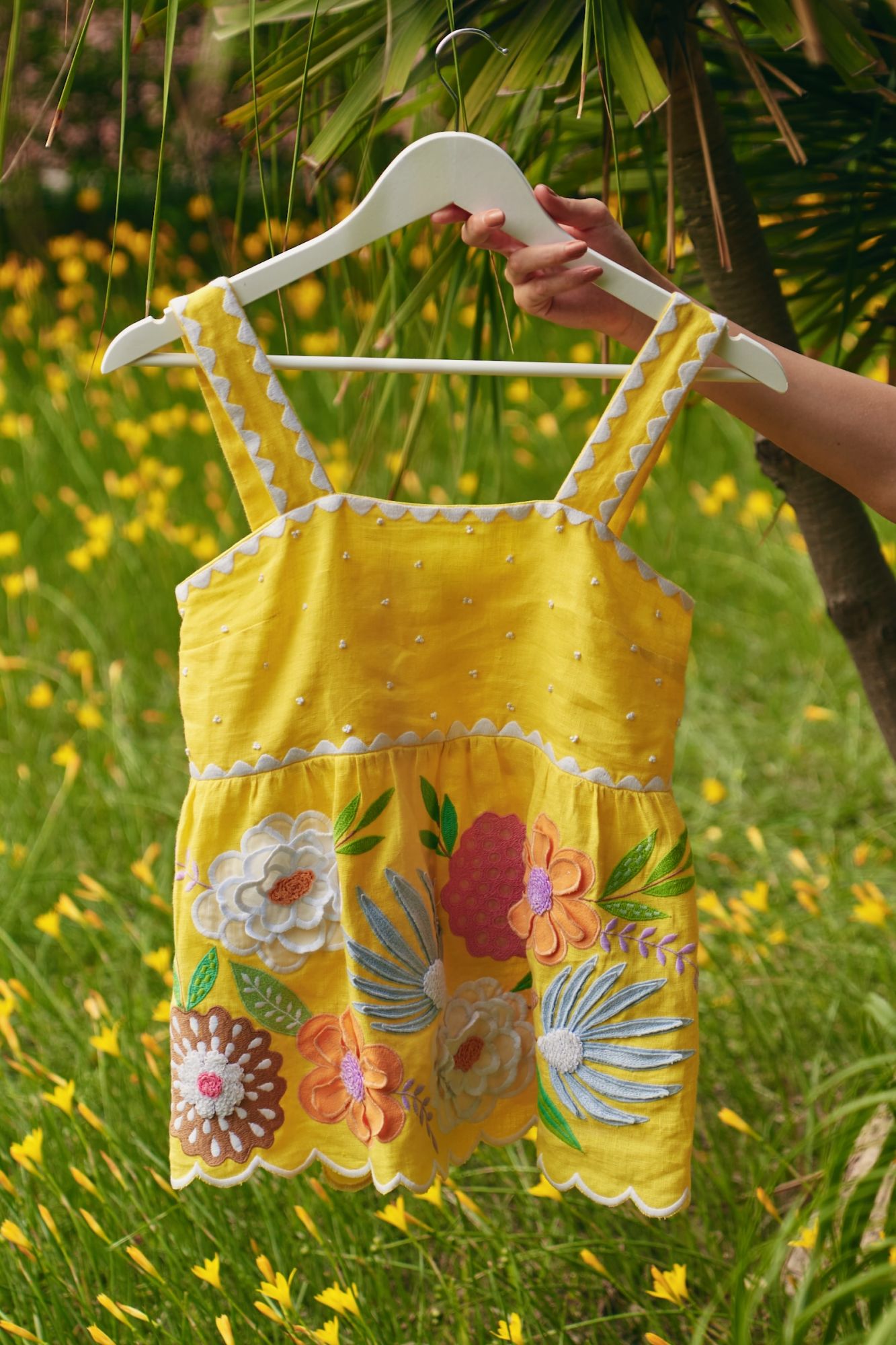 FLORENTINA YELLOW PURE LINEN FABRIC PEPLUM SUMMER TOP WITH MULTI COLOR FLORAL HAND EMBROIDERY
