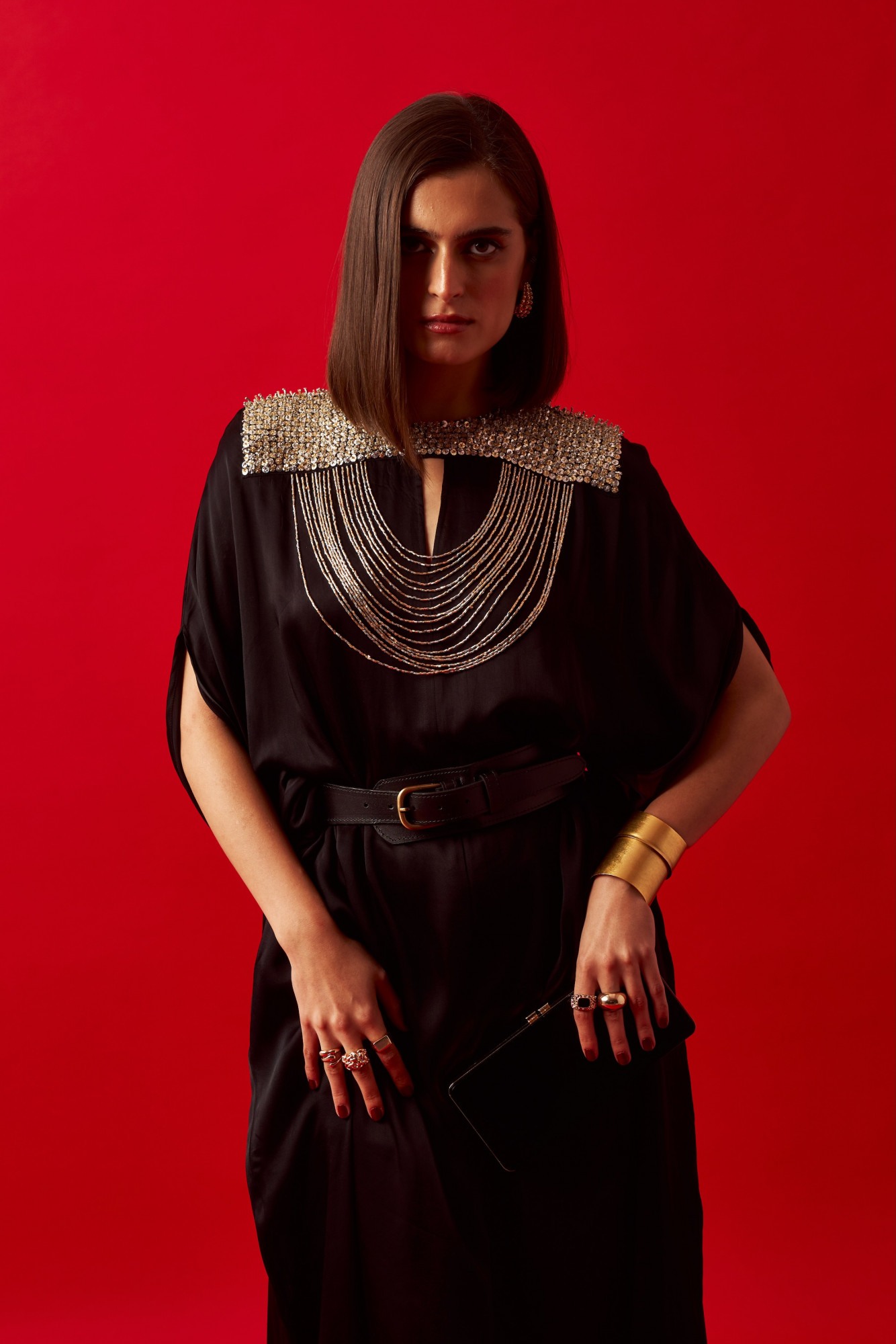 LEILA 02 BLACK COLOR HAND CRAFTED JEWELLED NECK KAFTAN