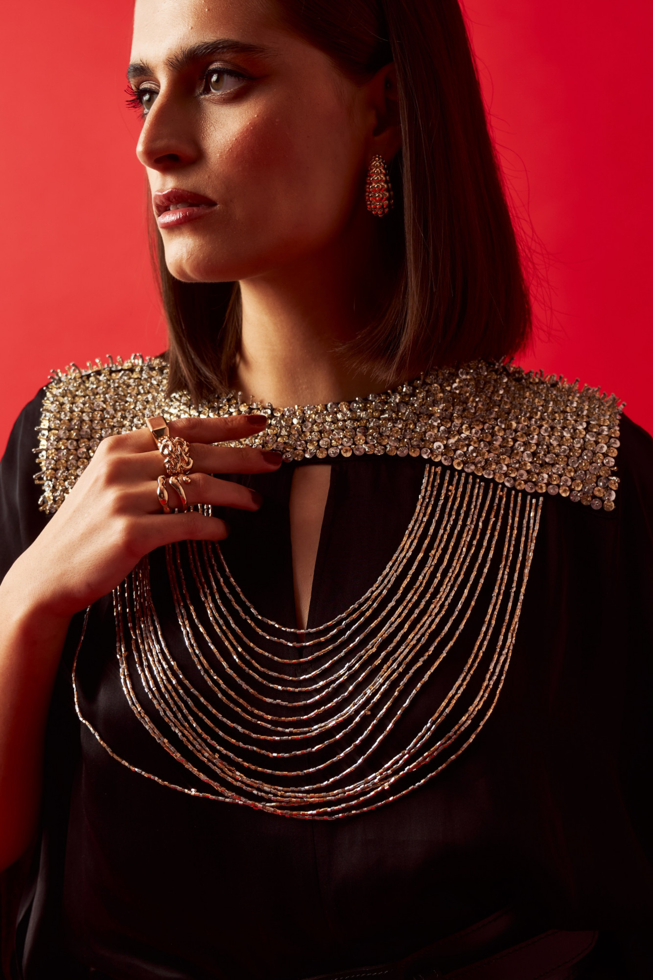 LEILA 02 BLACK COLOR HAND CRAFTED JEWELLED NECK KAFTAN