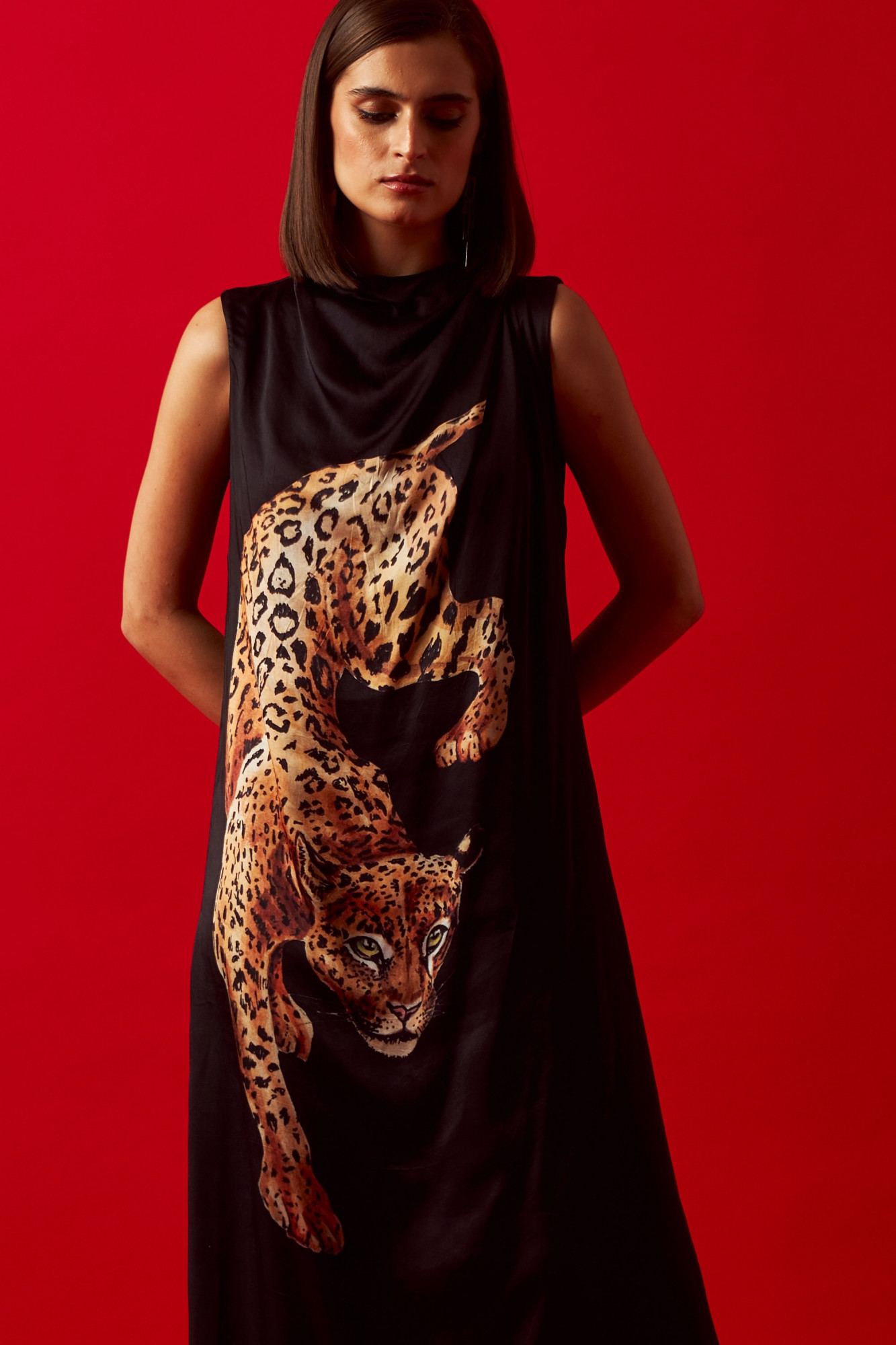 LEILA 02 BLACK LEOPARD PRINT MIDI LENGTH DRESS WITH LEATHER BELT