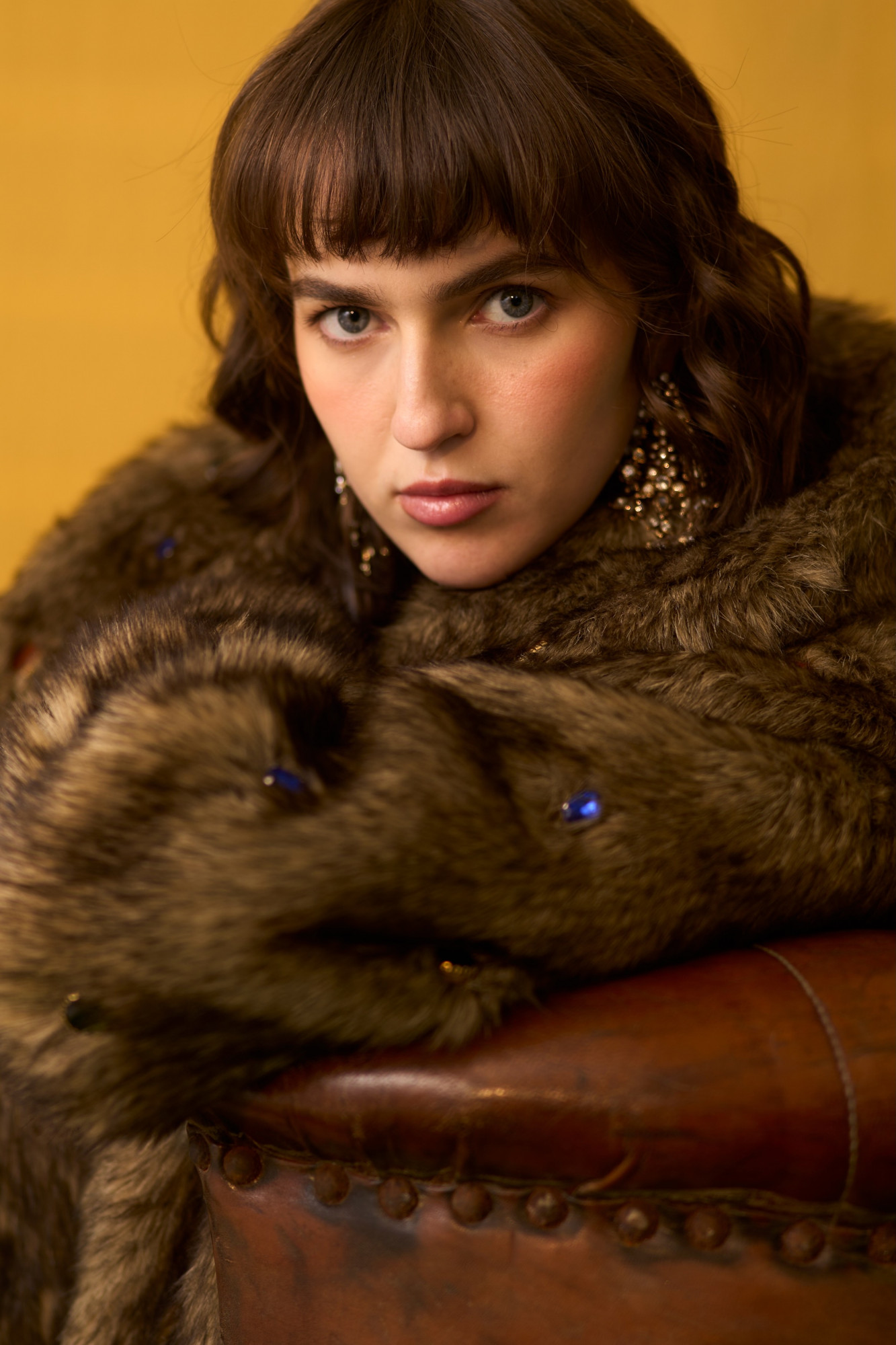 NOMADS BROWN FAUX FUR JACKET WITH RHYTHMIC GEMSTONES EMBELLISHMENTS