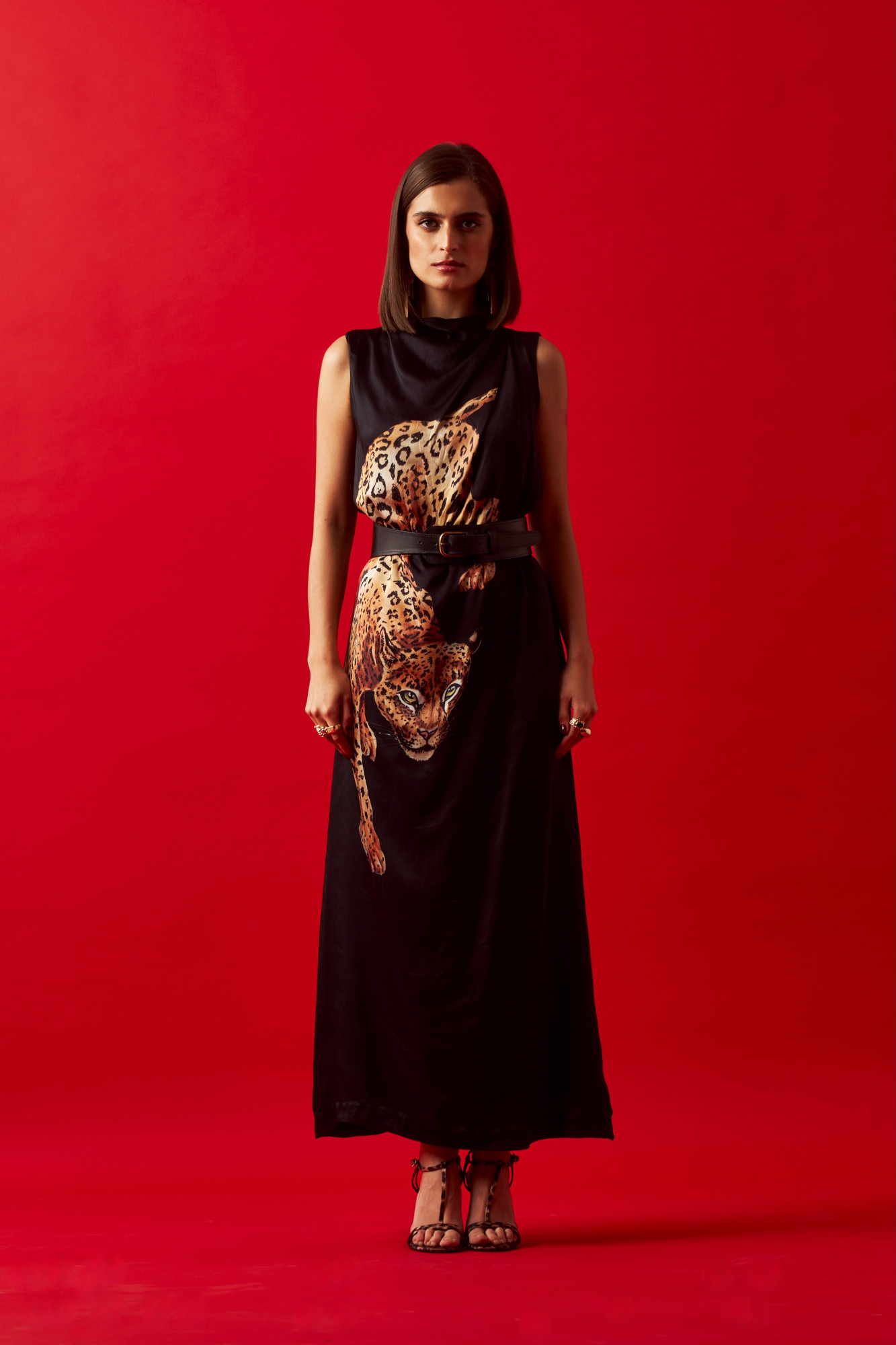 LEILA 02 BLACK LEOPARD PRINT MIDI LENGTH DRESS WITH LEATHER BELT
