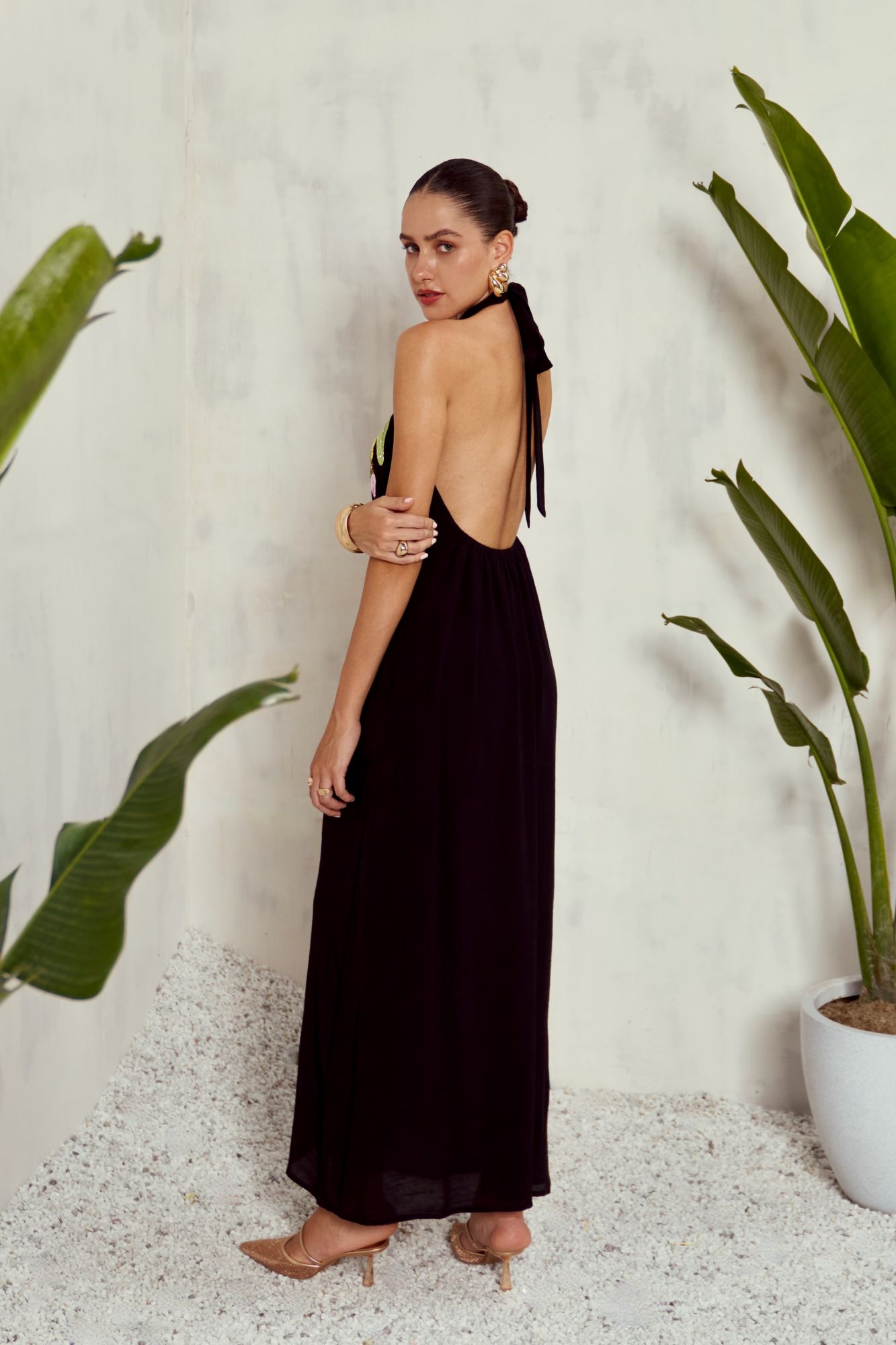 MALIBU-02 BLACK ANKLE LENGTH HALTER NECK DRESS WITH BANANA TREE HAND EMBROIDERY