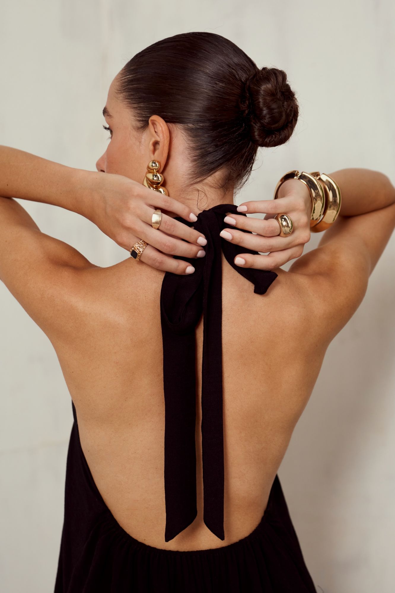 MALIBU-02 BLACK ANKLE LENGTH HALTER NECK DRESS WITH BANANA TREE HAND EMBROIDERY