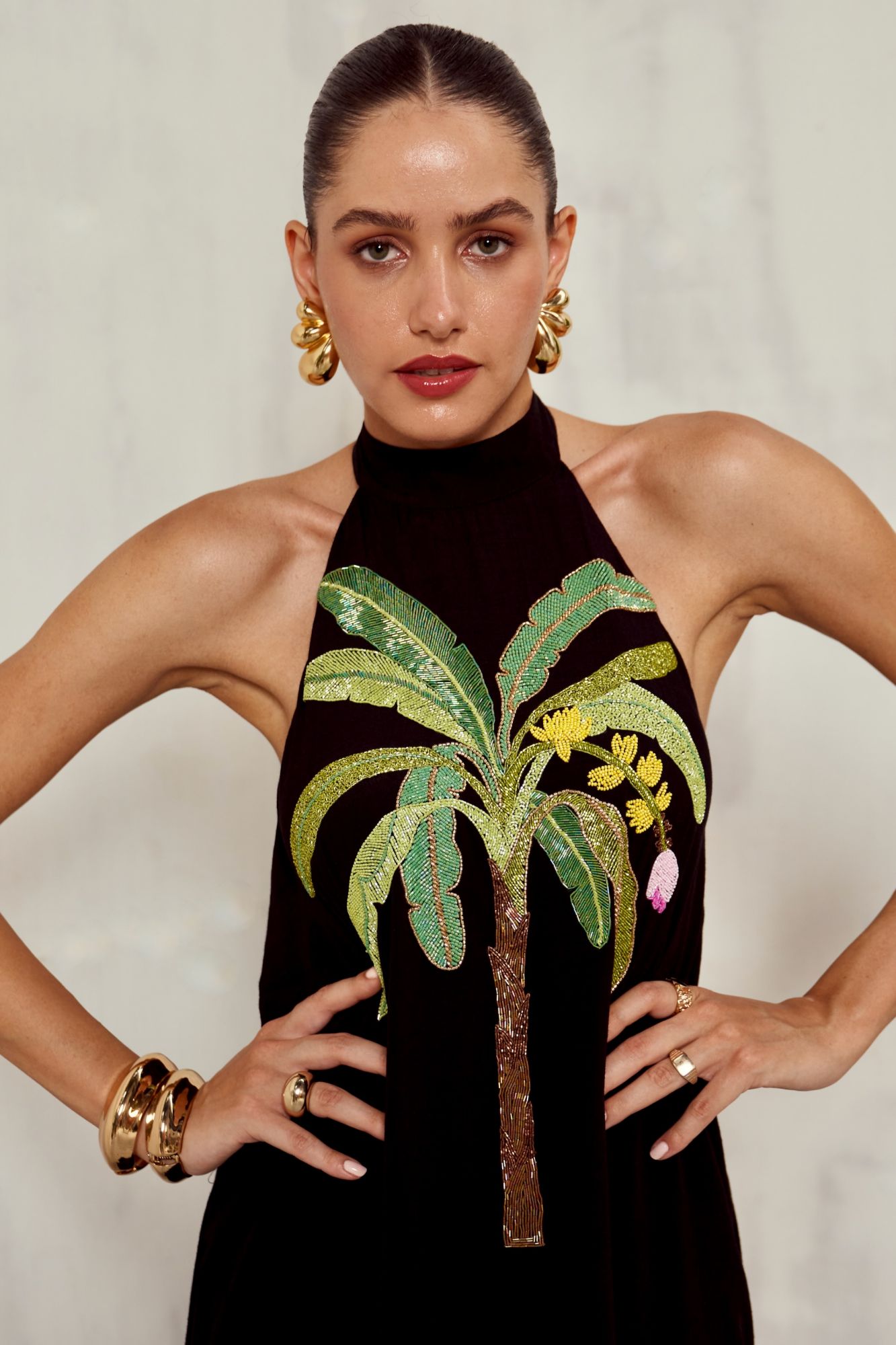 MALIBU-02 BLACK ANKLE LENGTH HALTER NECK DRESS WITH BANANA TREE HAND EMBROIDERY