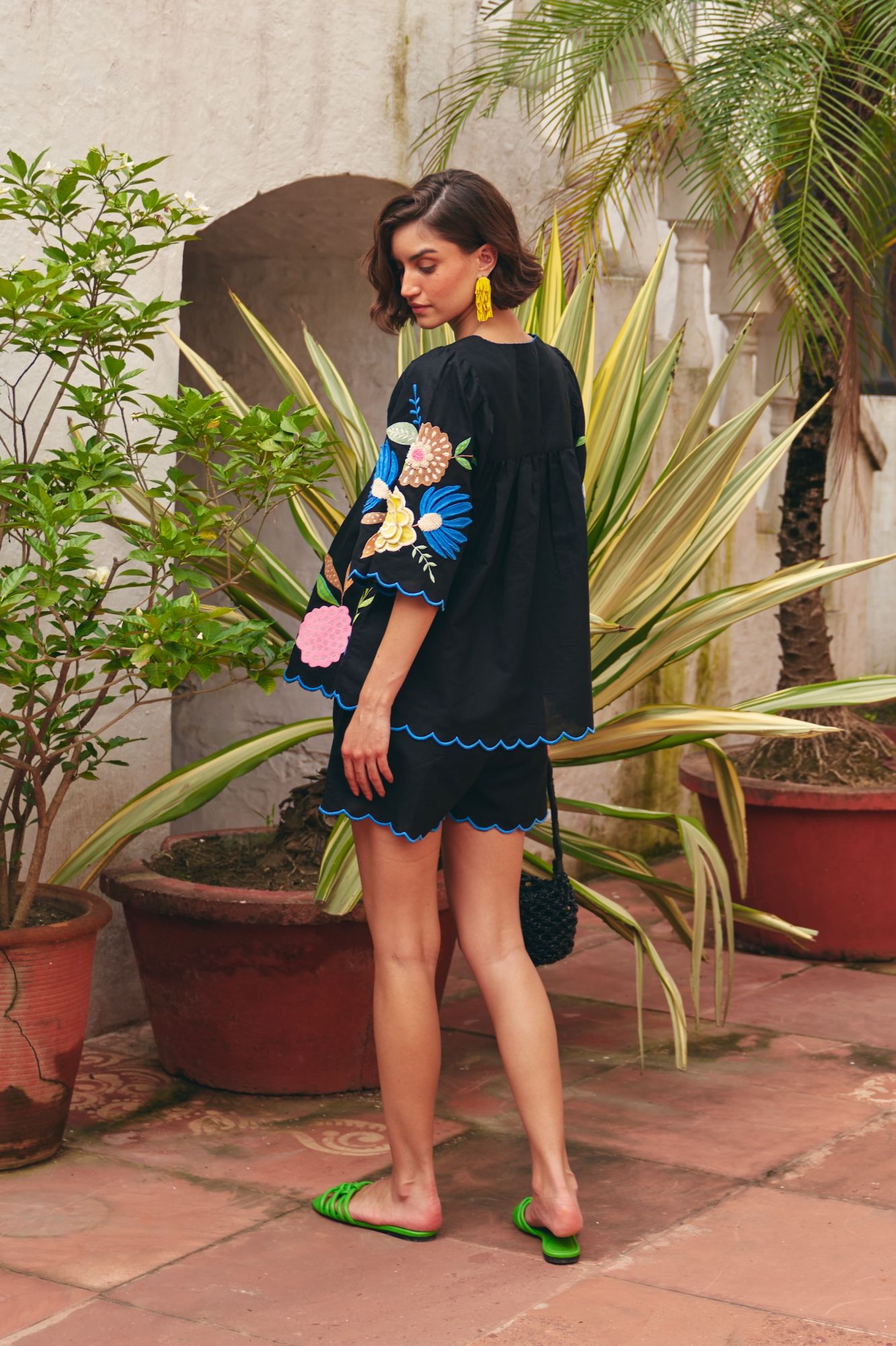 FLORENTINA BLACK LINEN TOP WITH MULTI COLOR FLORAL EMBROIDERY AND SHORTS SUMMER CO-ORDINATE