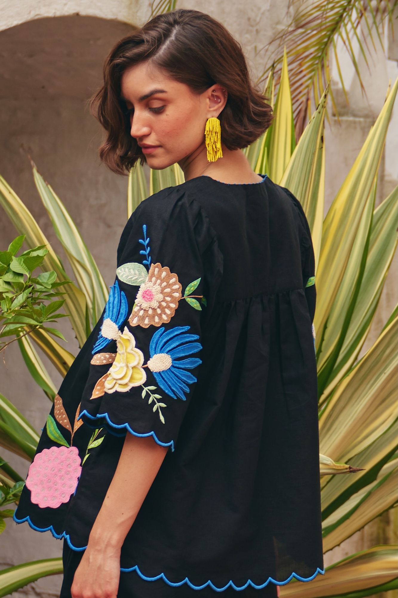 FLORENTINA BLACK LINEN TOP WITH MULTI COLOR FLORAL EMBROIDERY AND SHORTS SUMMER CO-ORDINATE