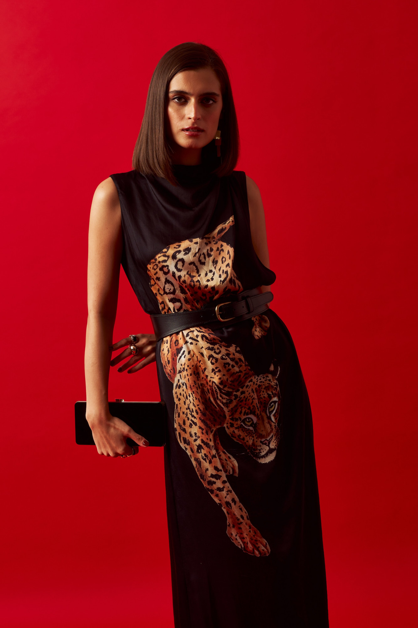LEILA 02 BLACK LEOPARD PRINT MIDI LENGTH DRESS WITH LEATHER BELT