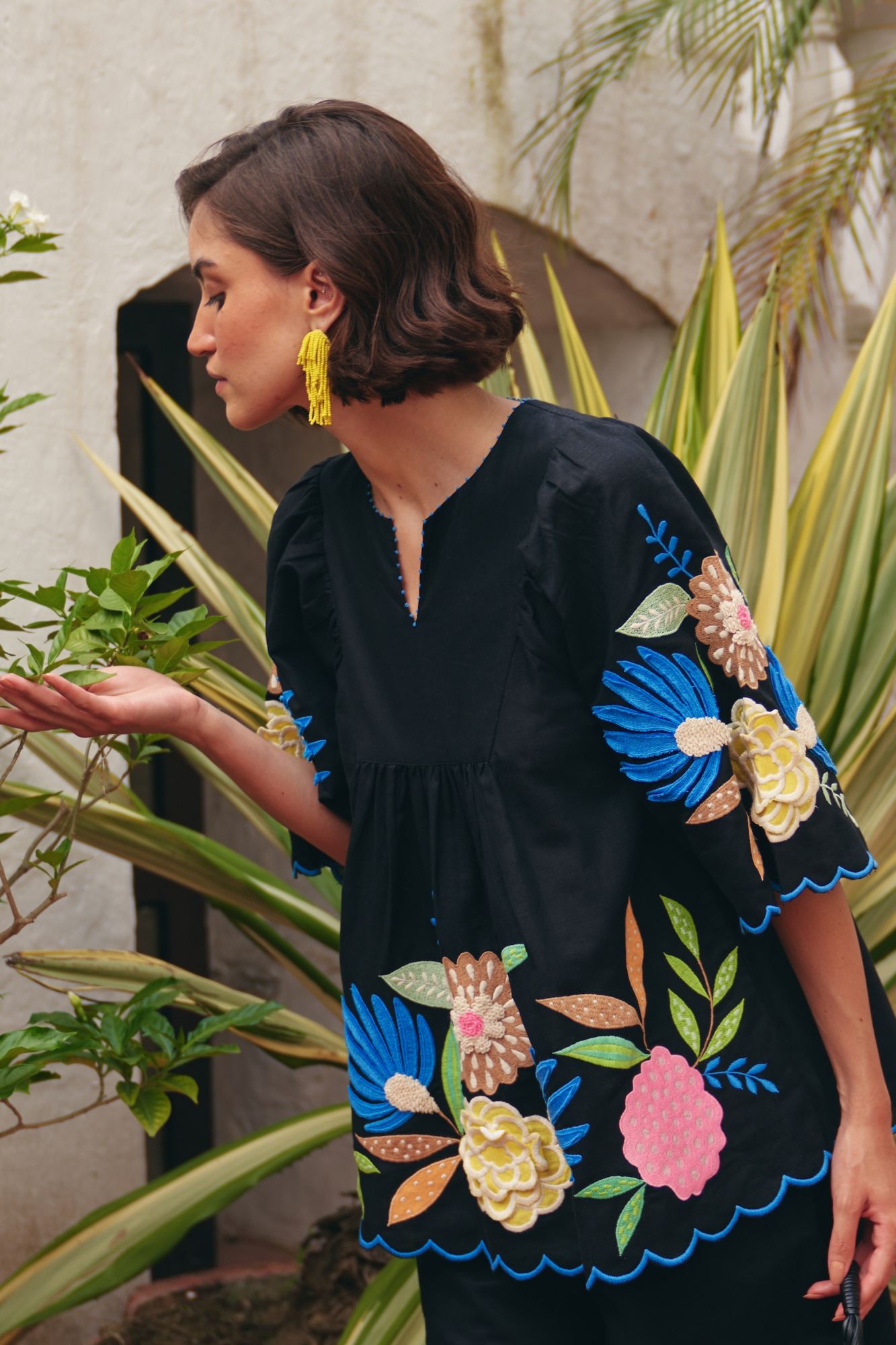 FLORENTINA BLACK MULTI COLOR EMBROIDERY TOP AND SCALLOPED HEM PANTS CO-ORDINATE