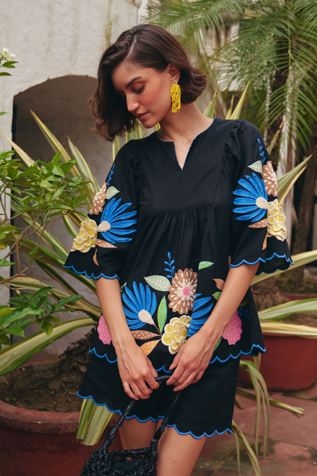 FLORENTINA BLACK LINEN TOP WITH MULTI COLOR FLORAL EMBROIDERY AND SHORTS SUMMER CO-ORDINATE