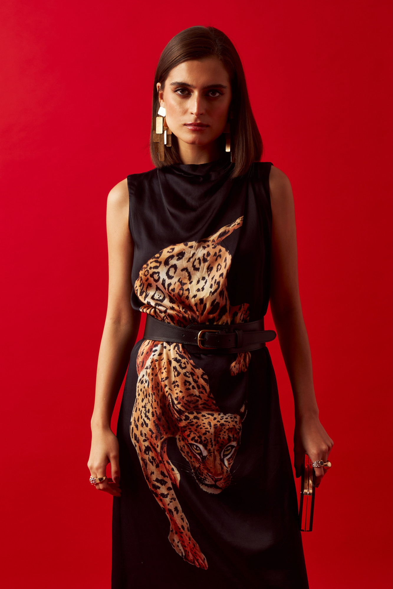 LEILA 02 BLACK LEOPARD PRINT MIDI LENGTH DRESS WITH LEATHER BELT