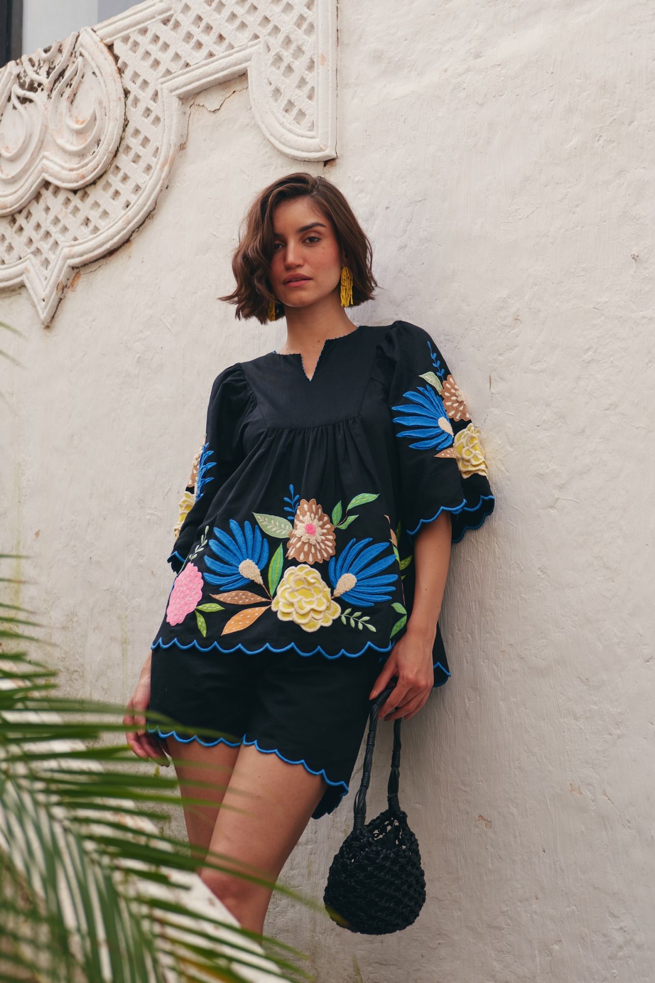 FLORENTINA BLACK LINEN TOP WITH MULTI COLOR FLORAL EMBROIDERY AND SHORTS SUMMER CO-ORDINATE