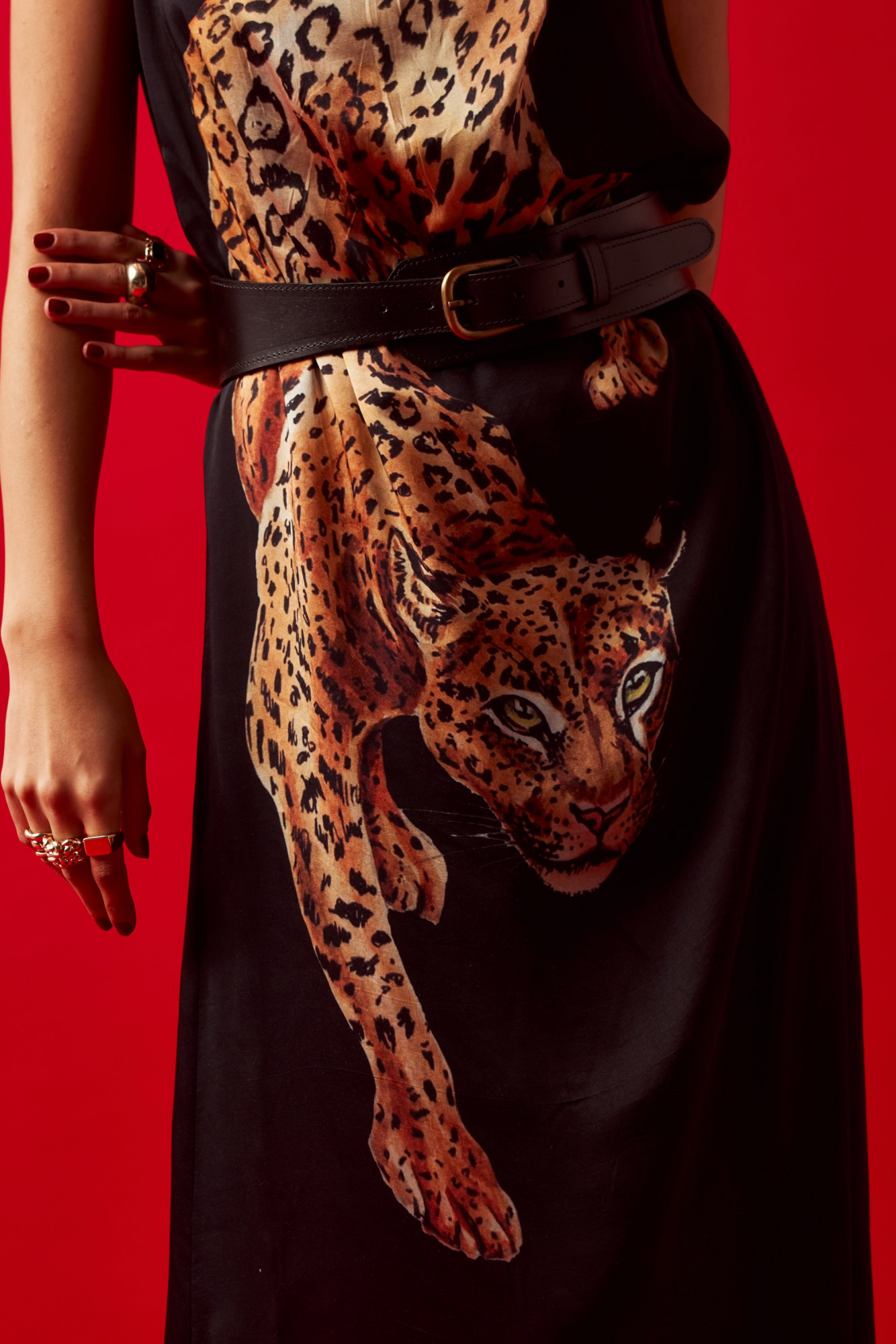 LEILA 02 BLACK LEOPARD PRINT MIDI LENGTH DRESS WITH LEATHER BELT