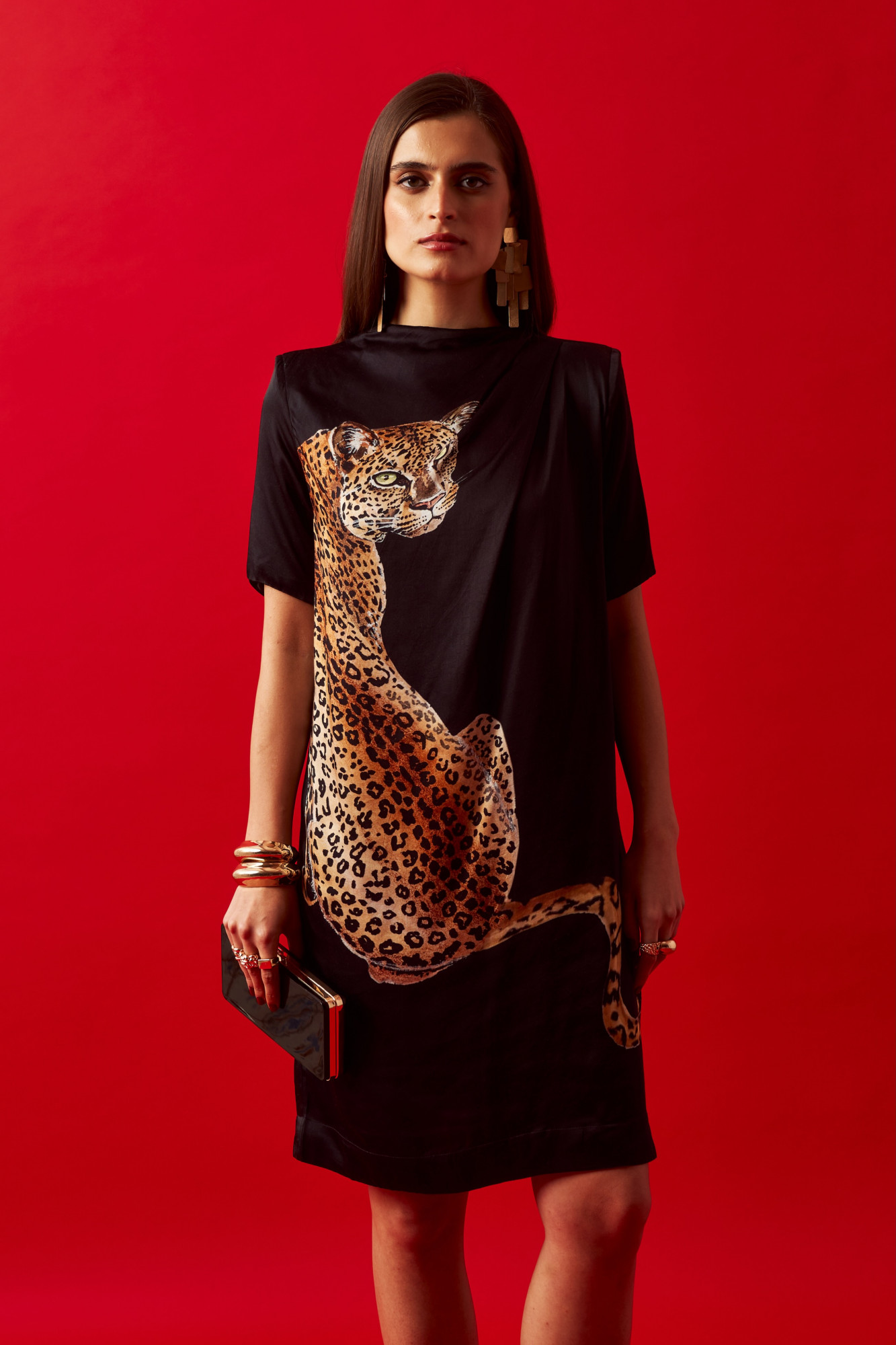 LEILA 02 BLACK LEOPARD PRINT STATEMENT KNEE LENGTH DRESS WITH LEATHER BELT