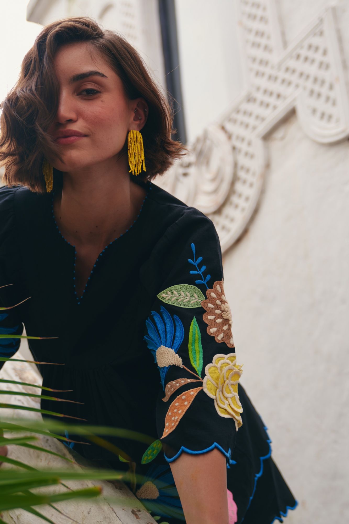 FLORENTINA BLACK LINEN TOP WITH MULTI COLOR FLORAL EMBROIDERY AND SHORTS SUMMER CO-ORDINATE