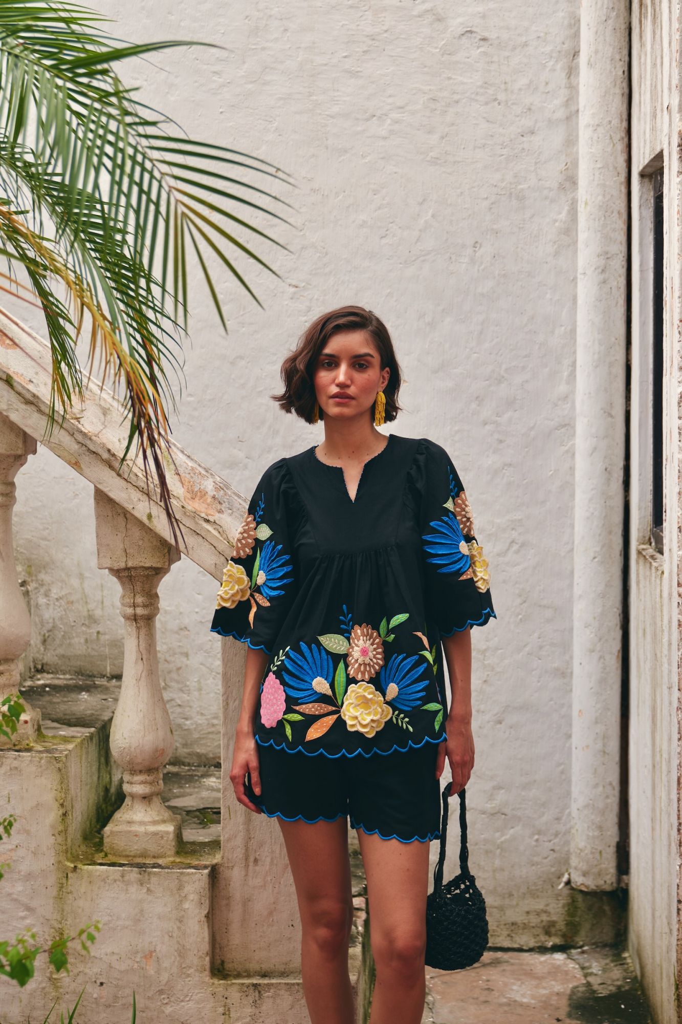 FLORENTINA BLACK LINEN TOP WITH MULTI COLOR FLORAL EMBROIDERY AND SHORTS SUMMER CO-ORDINATE