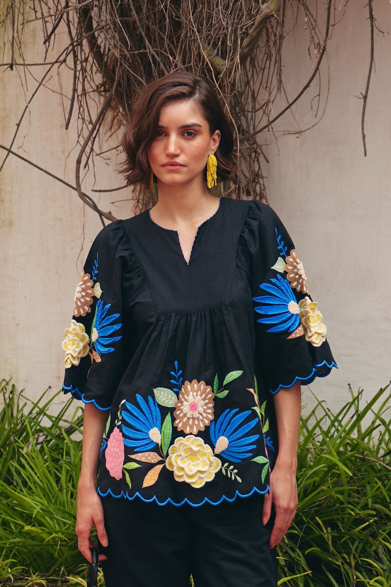 FLORENTINA BLACK MULTI COLOR EMBROIDERY TOP AND SCALLOPED HEM PANTS CO-ORDINATE