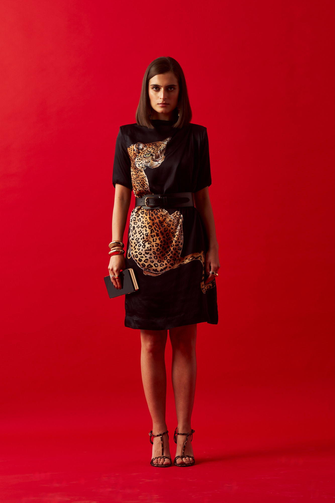 LEILA 02 BLACK LEOPARD PRINT STATEMENT KNEE LENGTH DRESS WITH LEATHER BELT