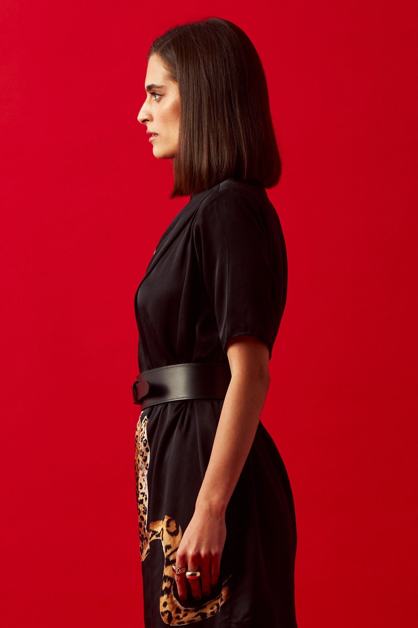 LEILA 02 BLACK LEOPARD PRINT STATEMENT KNEE LENGTH DRESS WITH LEATHER BELT