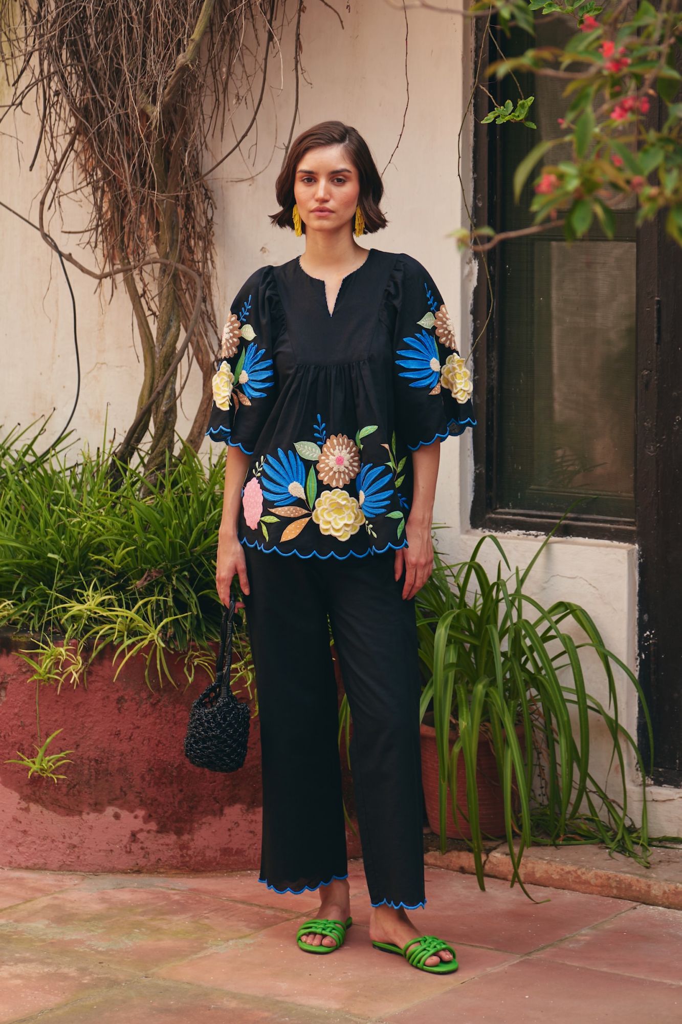FLORENTINA BLACK MULTI COLOR EMBROIDERY TOP AND SCALLOPED HEM PANTS CO-ORDINATE