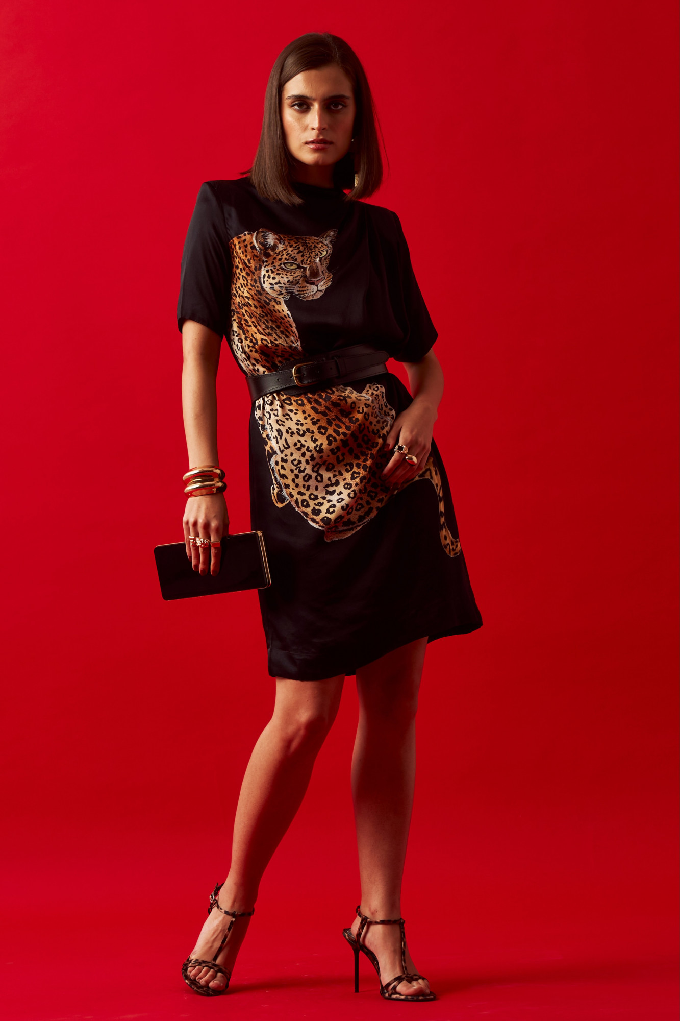 LEILA 02 BLACK LEOPARD PRINT STATEMENT KNEE LENGTH DRESS WITH LEATHER BELT