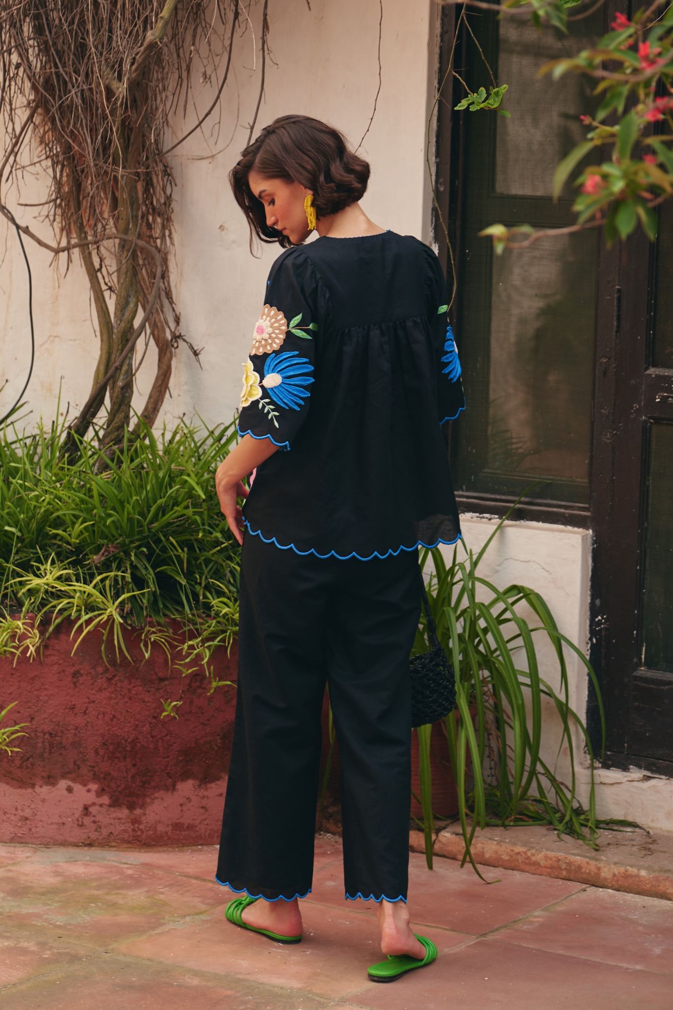 FLORENTINA BLACK MULTI COLOR EMBROIDERY TOP AND SCALLOPED HEM PANTS CO-ORDINATE
