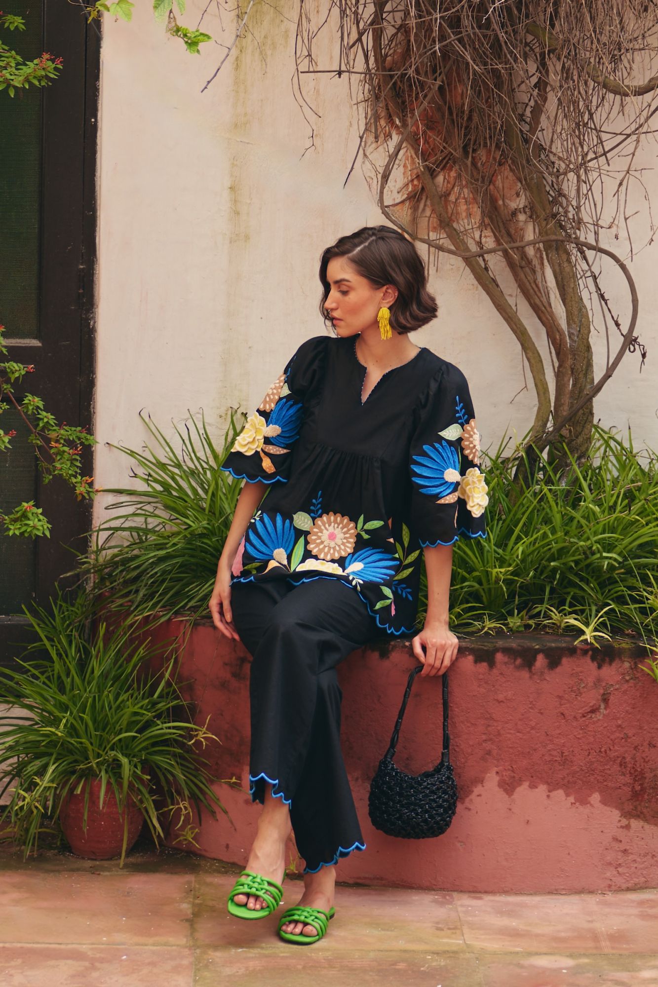 FLORENTINA BLACK MULTI COLOR EMBROIDERY TOP AND SCALLOPED HEM PANTS CO-ORDINATE