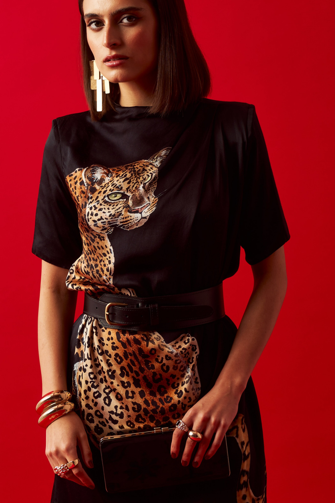 LEILA 02 BLACK LEOPARD PRINT STATEMENT KNEE LENGTH DRESS WITH LEATHER BELT