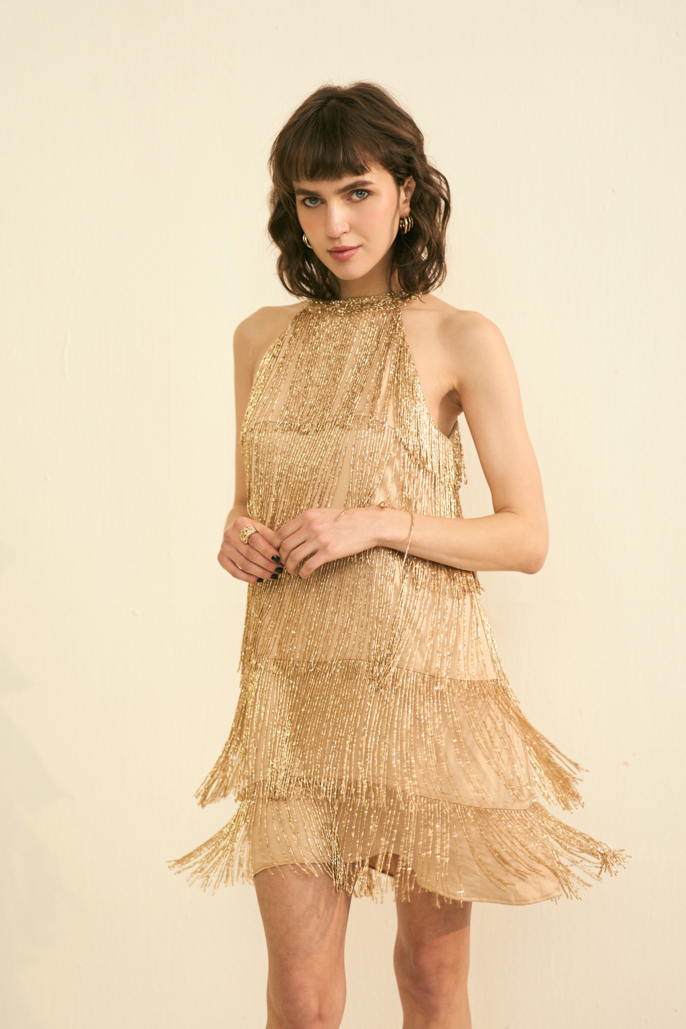 SYLVIE GOLD GLIMMER BEADED FRINGE PARTY DRESS