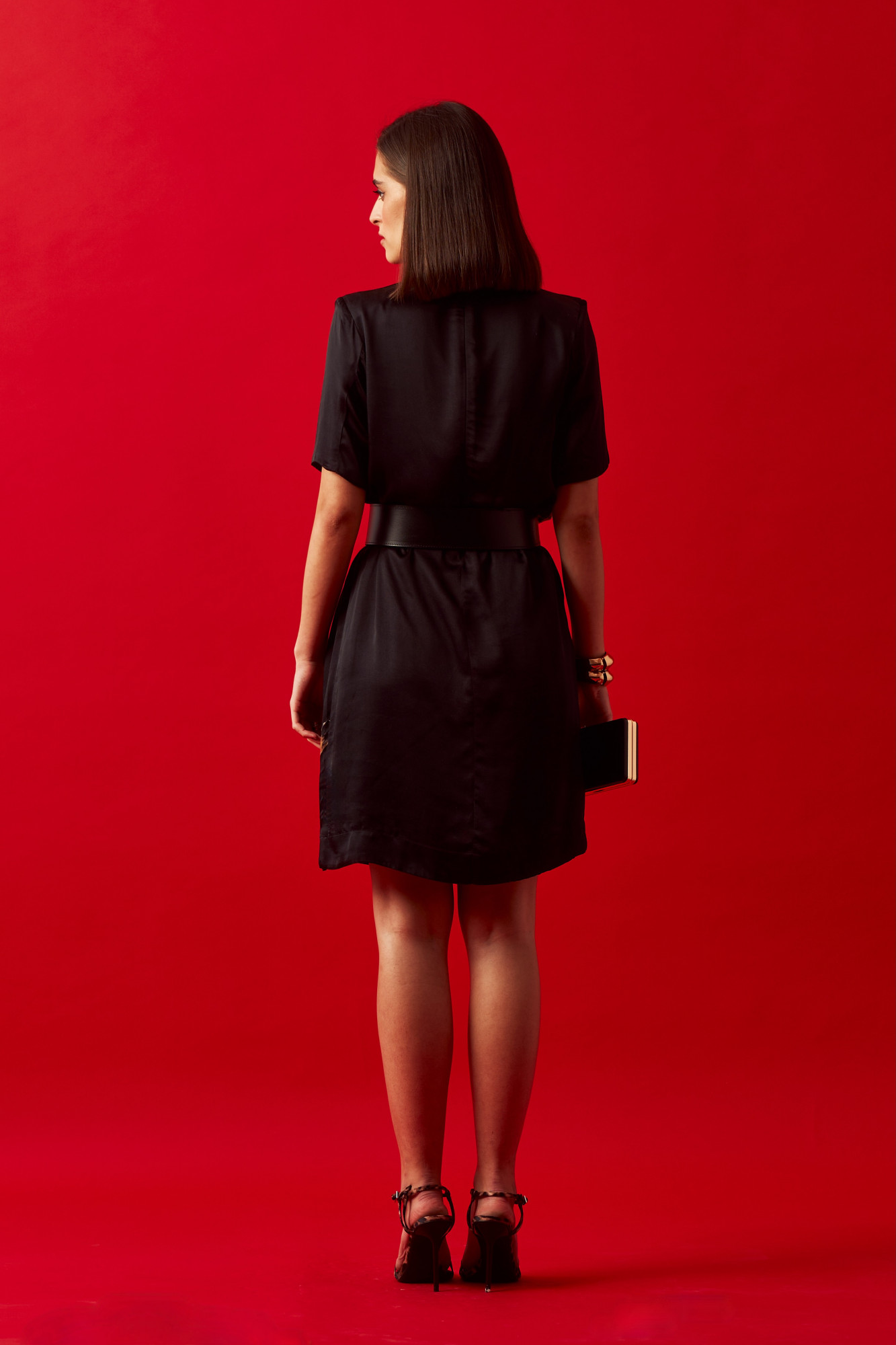 LEILA 02 BLACK LEOPARD PRINT STATEMENT KNEE LENGTH DRESS WITH LEATHER BELT