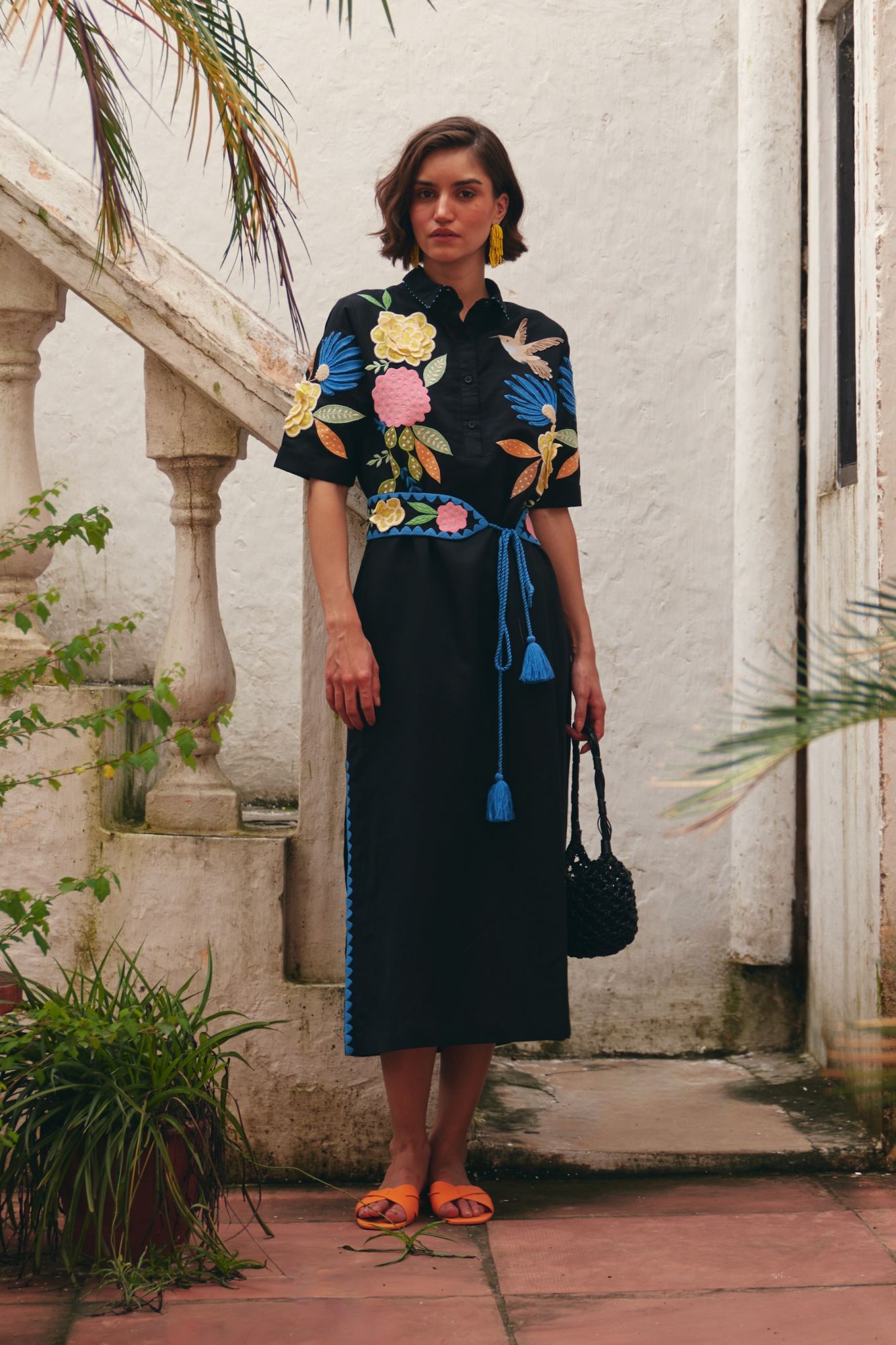 FLORENTINA BLACK LINEN MIDI LENGTH SHIRT DRESS WITH MULTI COLOR EMBROIDERY AND EMBROIDERED WAIST BELT
