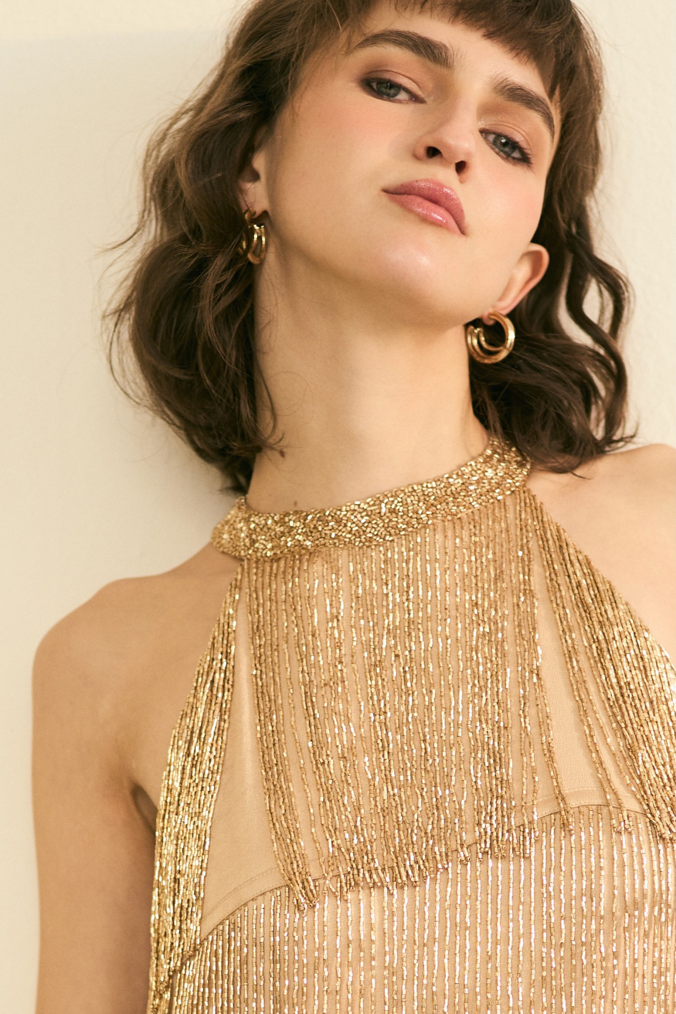 SYLVIE GOLD GLIMMER BEADED FRINGE PARTY DRESS