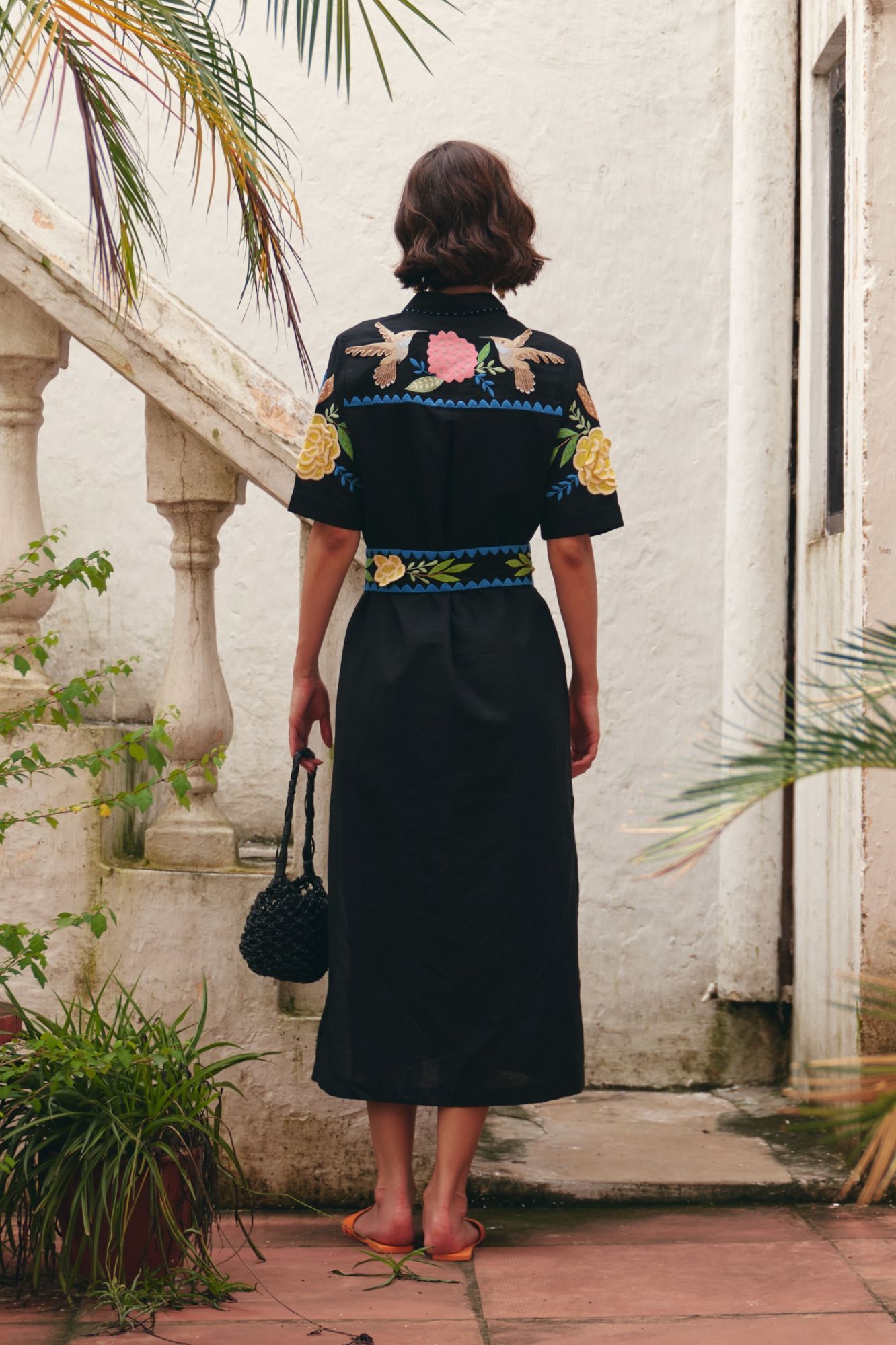 FLORENTINA BLACK LINEN MIDI LENGTH SHIRT DRESS WITH MULTI COLOR EMBROIDERY AND EMBROIDERED WAIST BELT