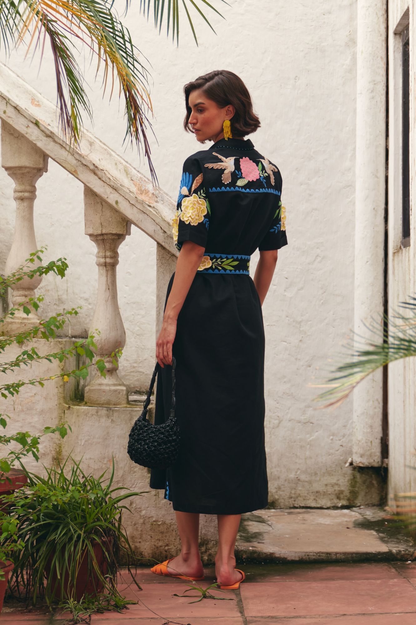 FLORENTINA BLACK LINEN MIDI LENGTH SHIRT DRESS WITH MULTI COLOR EMBROIDERY AND EMBROIDERED WAIST BELT