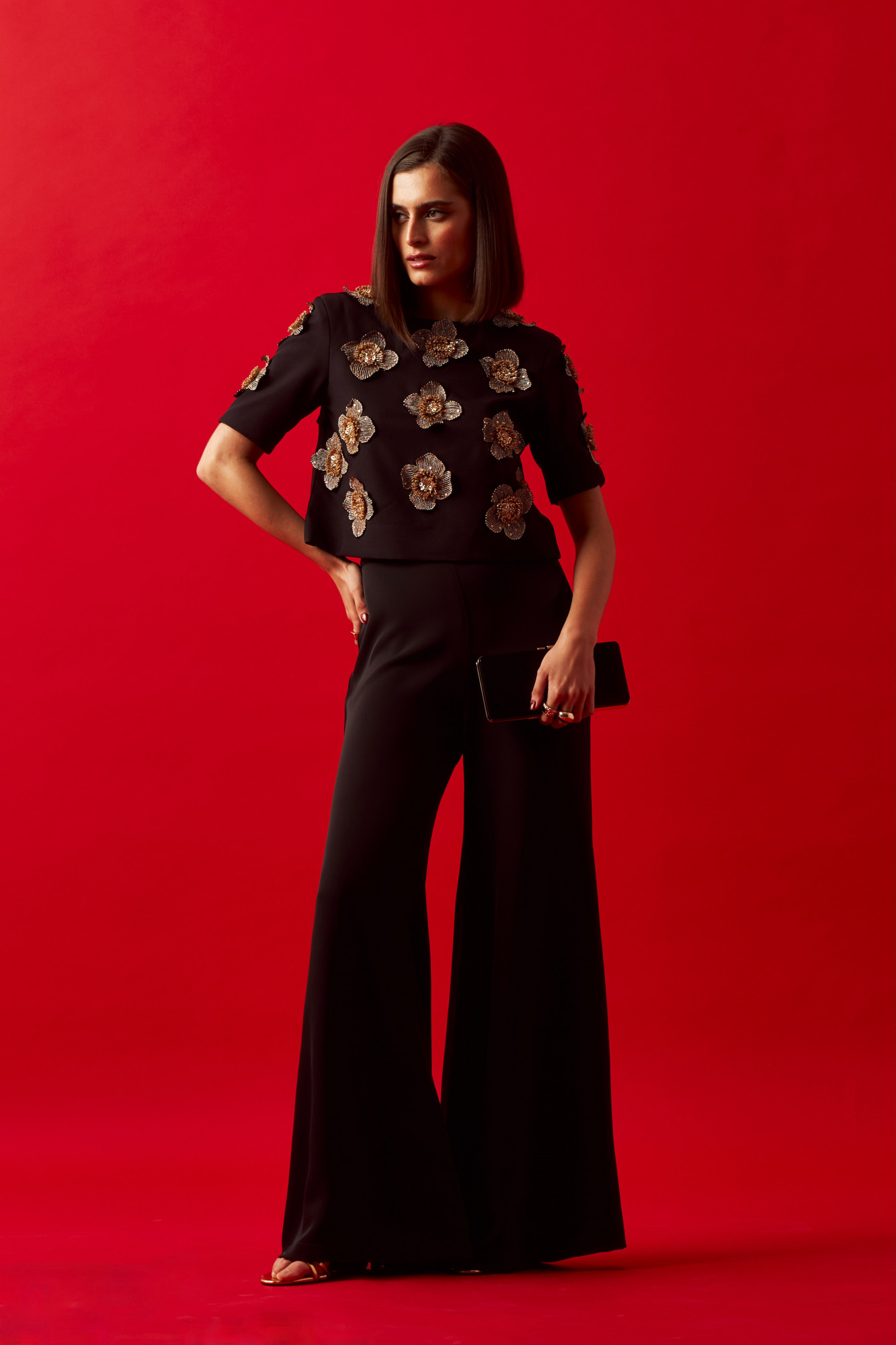 LEILA 02 BLACK COLOR CROP TOP WITH HAND CRAFTED FLOWERS ALL OVER