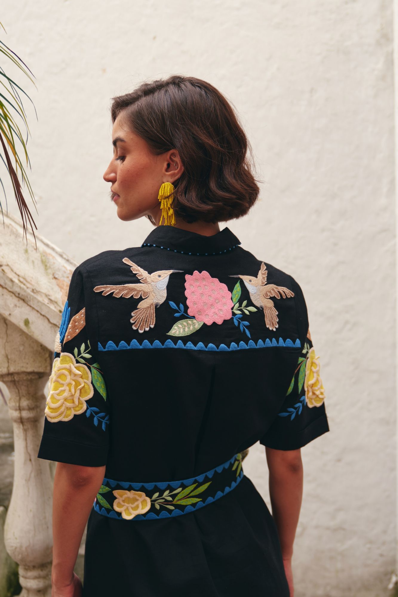 FLORENTINA BLACK LINEN MIDI LENGTH SHIRT DRESS WITH MULTI COLOR EMBROIDERY AND EMBROIDERED WAIST BELT