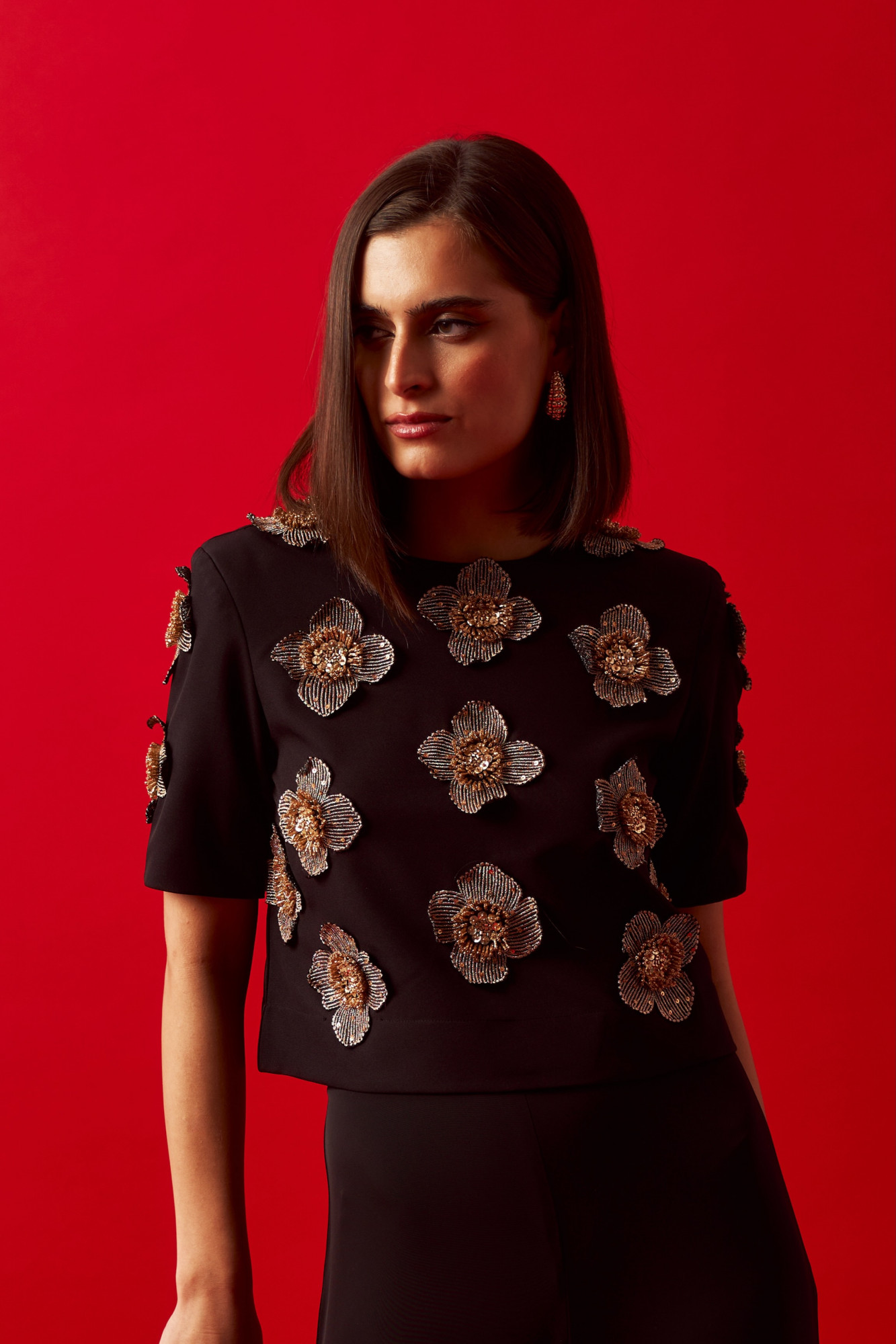 LEILA 02 BLACK COLOR CROP TOP WITH HAND CRAFTED FLOWERS ALL OVER