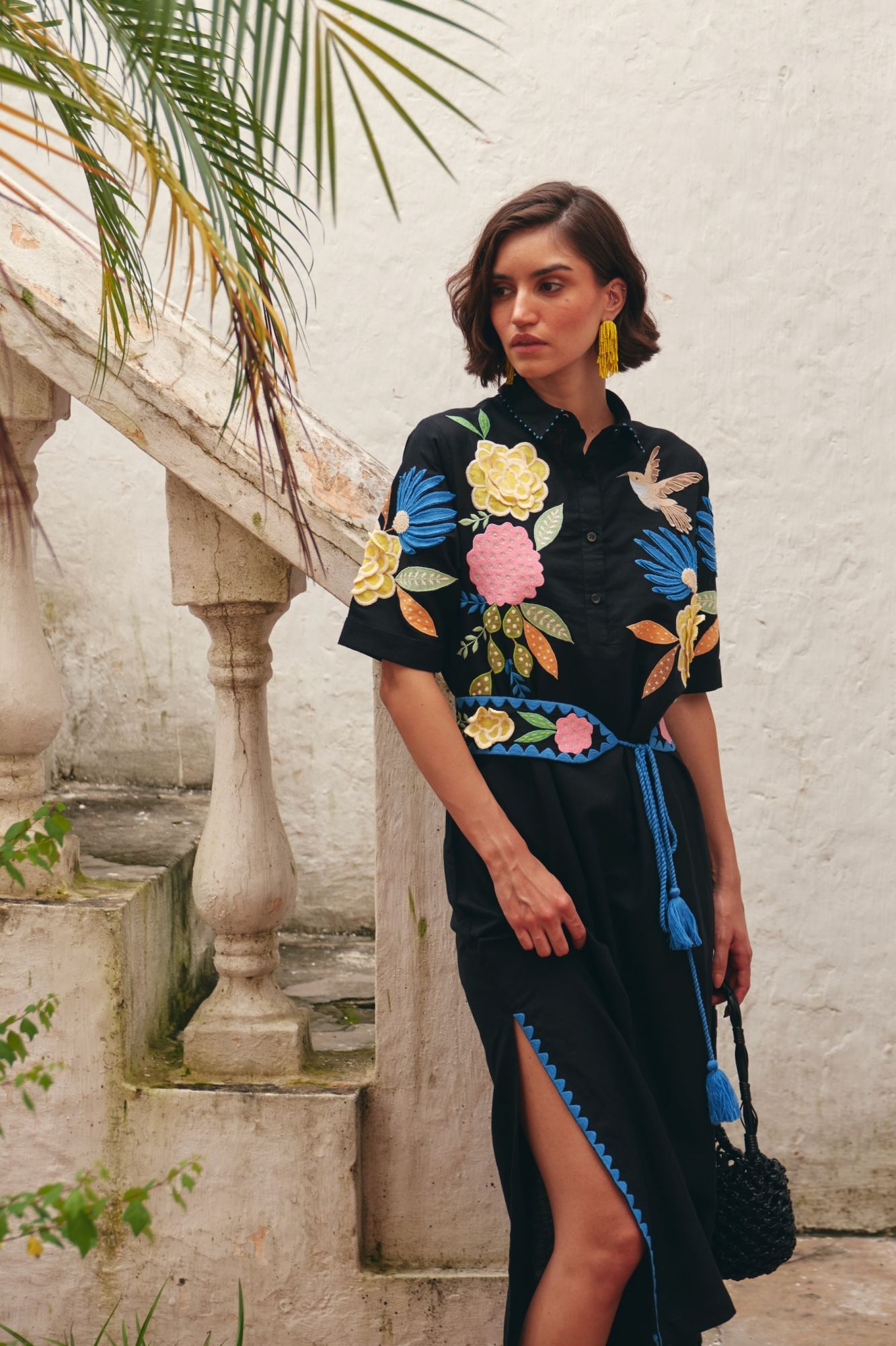 FLORENTINA BLACK LINEN MIDI LENGTH SHIRT DRESS WITH MULTI COLOR EMBROIDERY AND EMBROIDERED WAIST BELT