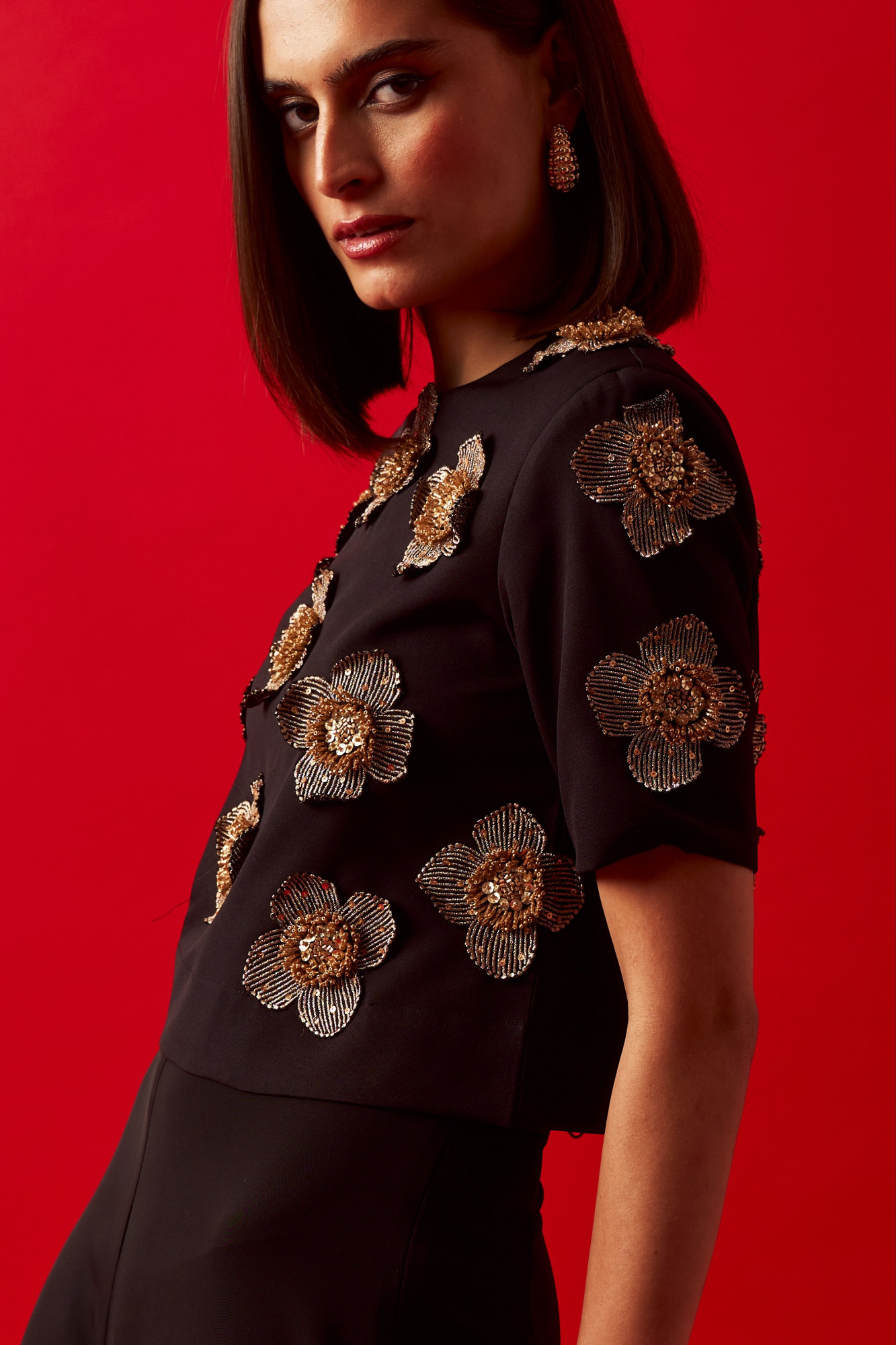 LEILA 02 BLACK COLOR CROP TOP WITH HAND CRAFTED FLOWERS ALL OVER