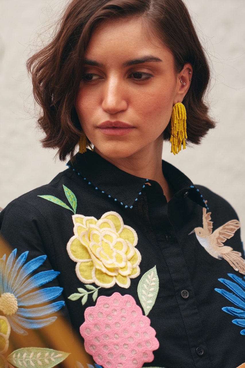FLORENTINA BLACK LINEN MIDI LENGTH SHIRT DRESS WITH MULTI COLOR EMBROIDERY AND EMBROIDERED WAIST BELT