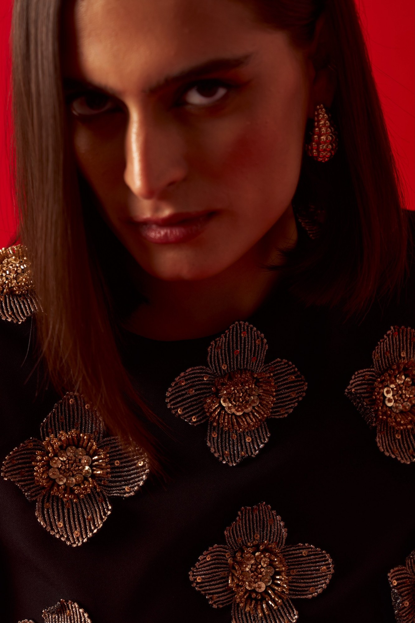 LEILA 02 BLACK COLOR CROP TOP WITH HAND CRAFTED FLOWERS ALL OVER