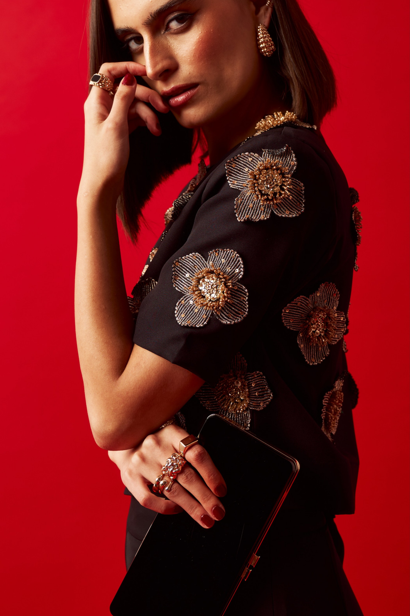 LEILA 02 BLACK COLOR CROP TOP WITH HAND CRAFTED FLOWERS ALL OVER