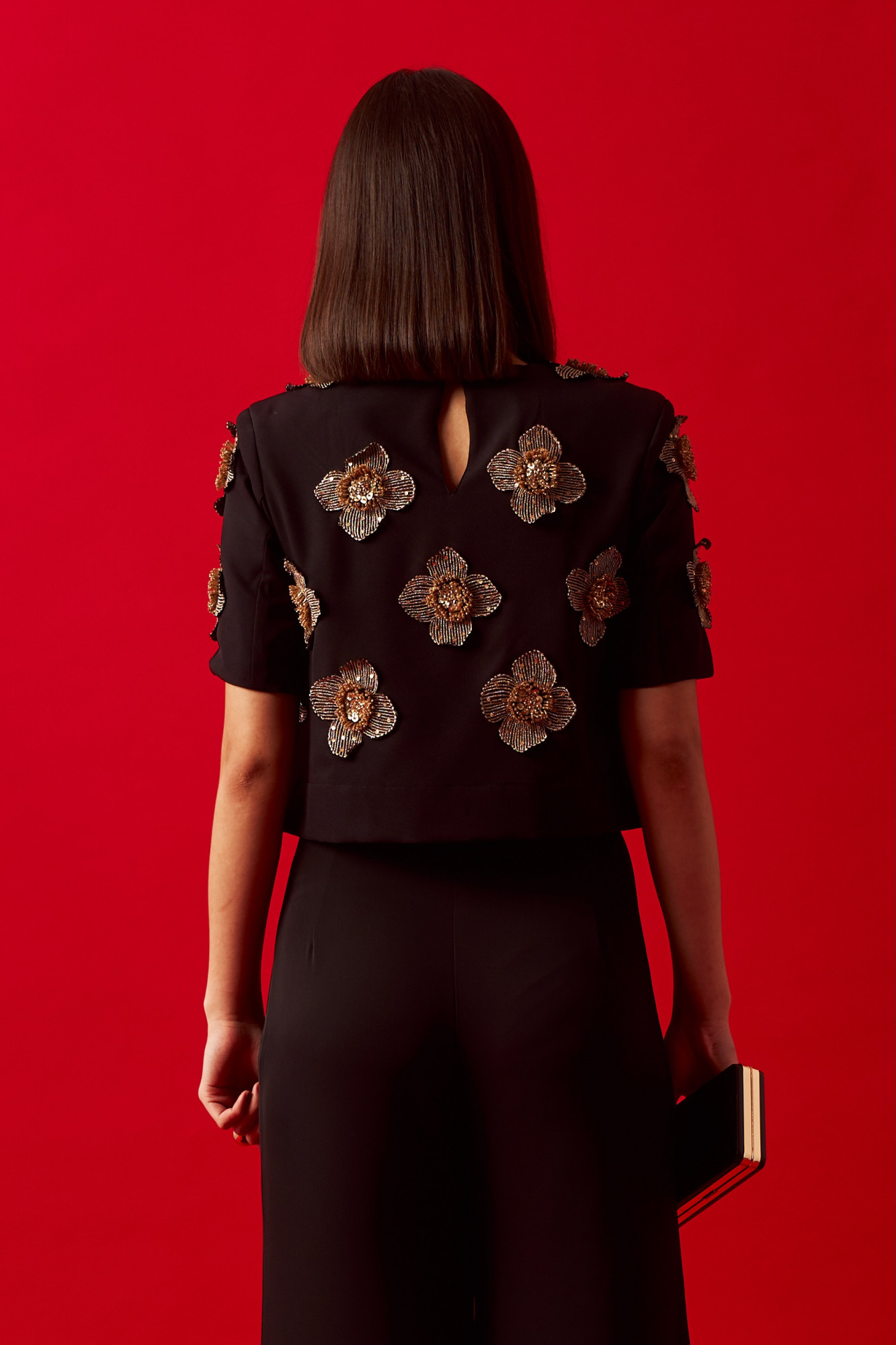 LEILA 02 BLACK COLOR CROP TOP WITH HAND CRAFTED FLOWERS ALL OVER